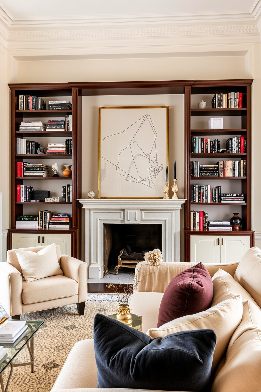 A stylish Italian living room features elegant bookshelves that showcase a curated collection of personal items and books. The shelves are made of dark wood, beautifully contrasting with the soft cream-colored walls and plush, inviting furniture.