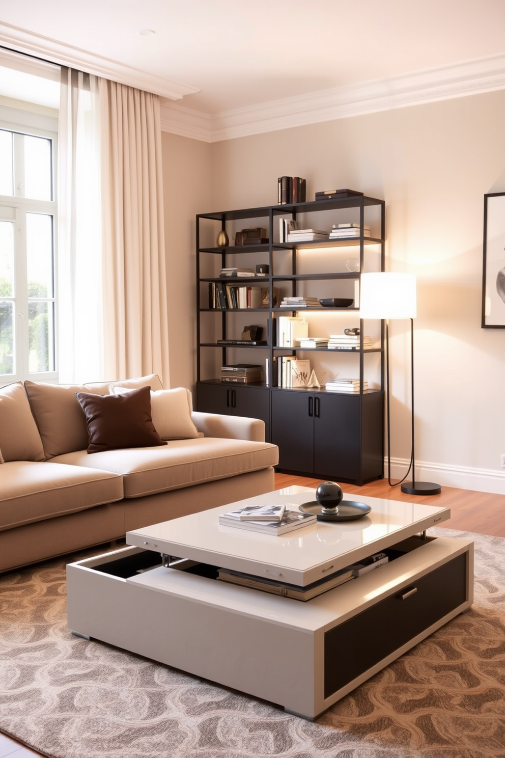 A stylish Italian living room featuring functional furniture that incorporates hidden storage solutions. The room is adorned with a plush sectional sofa in a neutral tone, complemented by a sleek coffee table that opens to reveal storage space underneath. In the corner, a modern bookshelf doubles as a room divider, showcasing decorative items while providing ample storage for books. Soft lighting from elegant floor lamps creates a warm ambiance, enhancing the inviting atmosphere of the space.