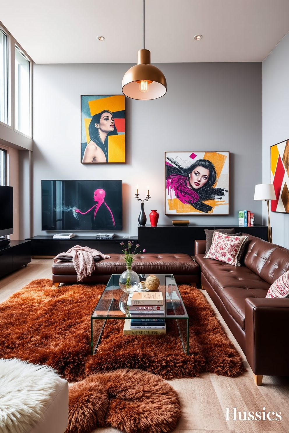 Contemporary art pieces adorn the walls of a stylish Italian living room. The space features a sleek leather sofa, a glass coffee table, and vibrant accents that enhance the modern aesthetic. The room is illuminated by large windows that let in natural light, highlighting the rich textures and colors. Plush area rugs and elegant lighting fixtures add warmth and sophistication to the overall design.