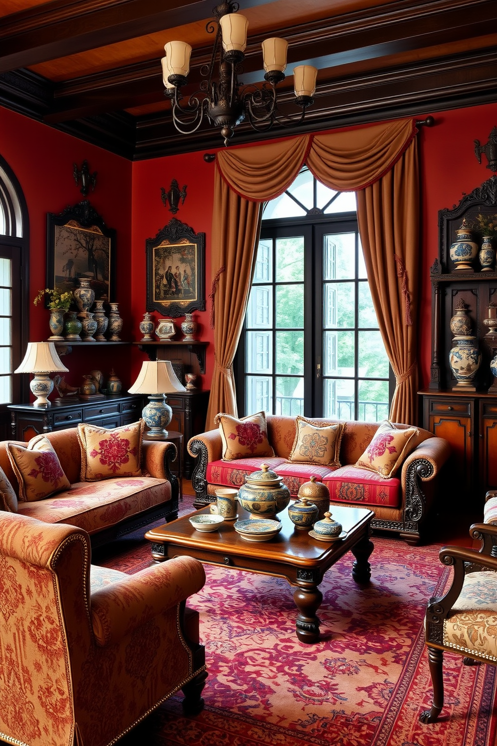 A traditional Italian living room features rich, warm colors with ornate furnishings that evoke a sense of history and elegance. The space is adorned with decorative accents of traditional Italian ceramics, showcasing intricate patterns and vibrant glazes that enhance the overall aesthetic. The room includes a plush sofa with embroidered cushions and a wooden coffee table, complemented by a beautiful area rug that adds warmth underfoot. Large windows draped with luxurious fabrics allow natural light to flood the space, highlighting the exquisite ceramic pieces displayed on shelves and tabletops.