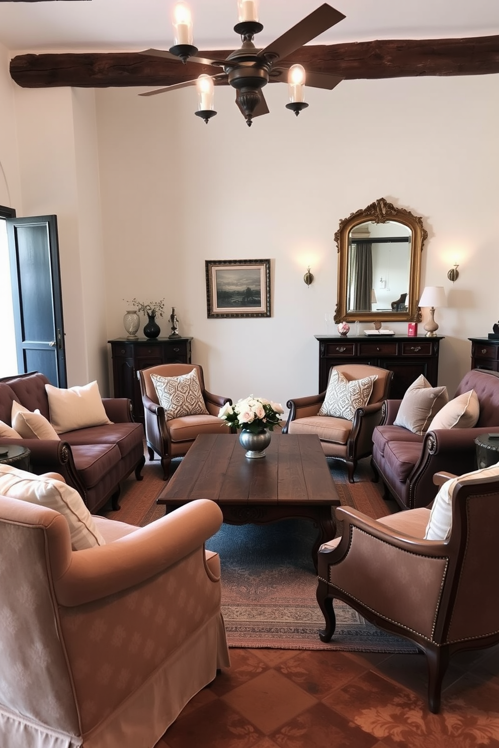 A cozy Italian living room features plush sofas arranged to encourage conversation, with soft throw pillows adding warmth. A rustic wooden coffee table sits at the center, surrounded by elegant armchairs that invite guests to relax and enjoy each other's company.