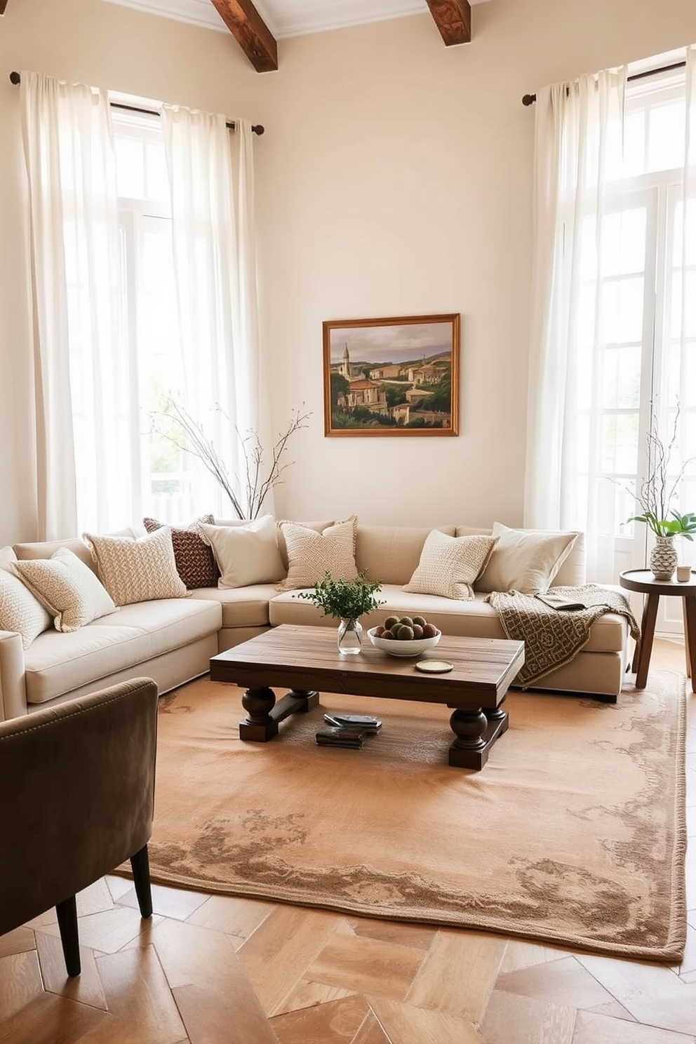 A serene Italian living room that embraces soft neutral tones for a calming effect. The space features a plush beige sofa adorned with textured throw pillows and a rustic wooden coffee table at the center. Large windows draped with sheer white curtains allow natural light to flood the room. A cozy area rug in muted earth tones anchors the seating area, complemented by elegant wall art that reflects the charm of Italian landscapes.