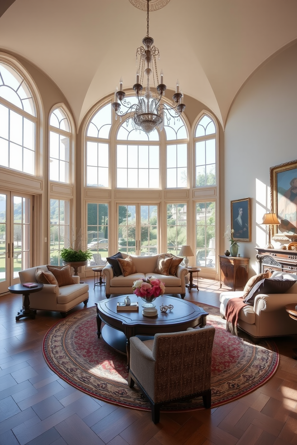 A spacious Italian living room filled with natural light from large arched windows that frame a stunning view of the outdoors. The room features elegant furnishings including a plush cream sofa and a classic wooden coffee table, complemented by rich textiles and warm earth tones. A grand chandelier hangs from the ceiling, casting a soft glow over the space. The walls are adorned with tasteful artwork, and a cozy area rug anchors the seating arrangement, inviting relaxation and conversation.