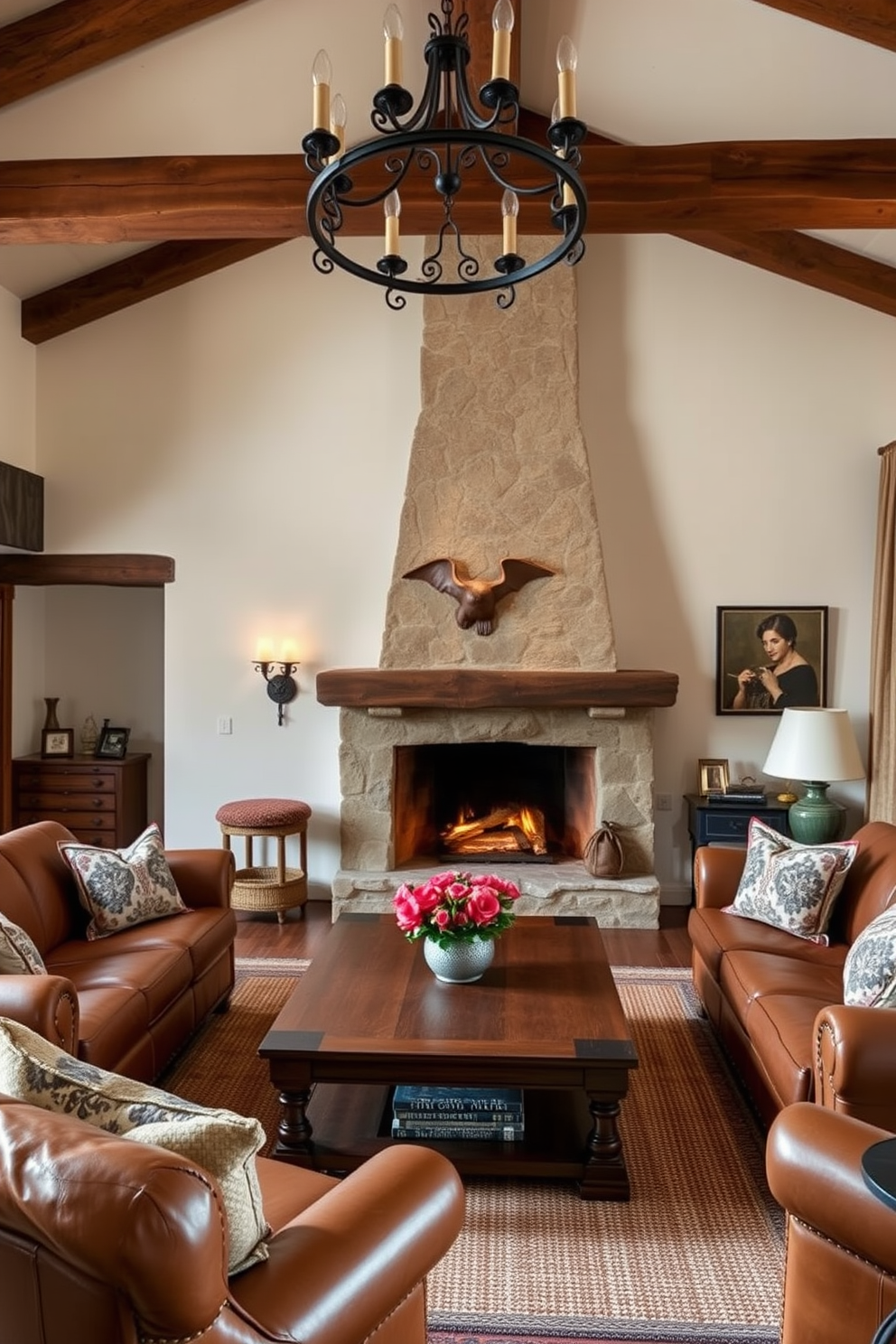 A cozy Italian living room featuring rustic wooden beams that create a warm and inviting atmosphere. The space is adorned with plush leather sofas, a large wooden coffee table, and a traditional stone fireplace that serves as the focal point. Soft, ambient lighting enhances the rustic charm, with vintage sconces and a wrought iron chandelier illuminating the room. Earthy tones and rich textures in the decor, such as woven rugs and patterned throw pillows, add to the overall comfort and elegance of the design.