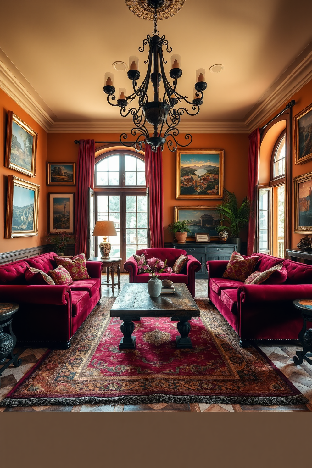 A warm and inviting Italian living room filled with rich textures and vibrant colors. Plush velvet sofas in deep red are arranged around a rustic wooden coffee table, while a grand chandelier hangs from the ceiling. The walls are adorned with framed artwork depicting classic Italian landscapes, enhancing the cultural atmosphere. A cozy area rug in earthy tones anchors the seating area, and large windows allow natural light to flood the space.