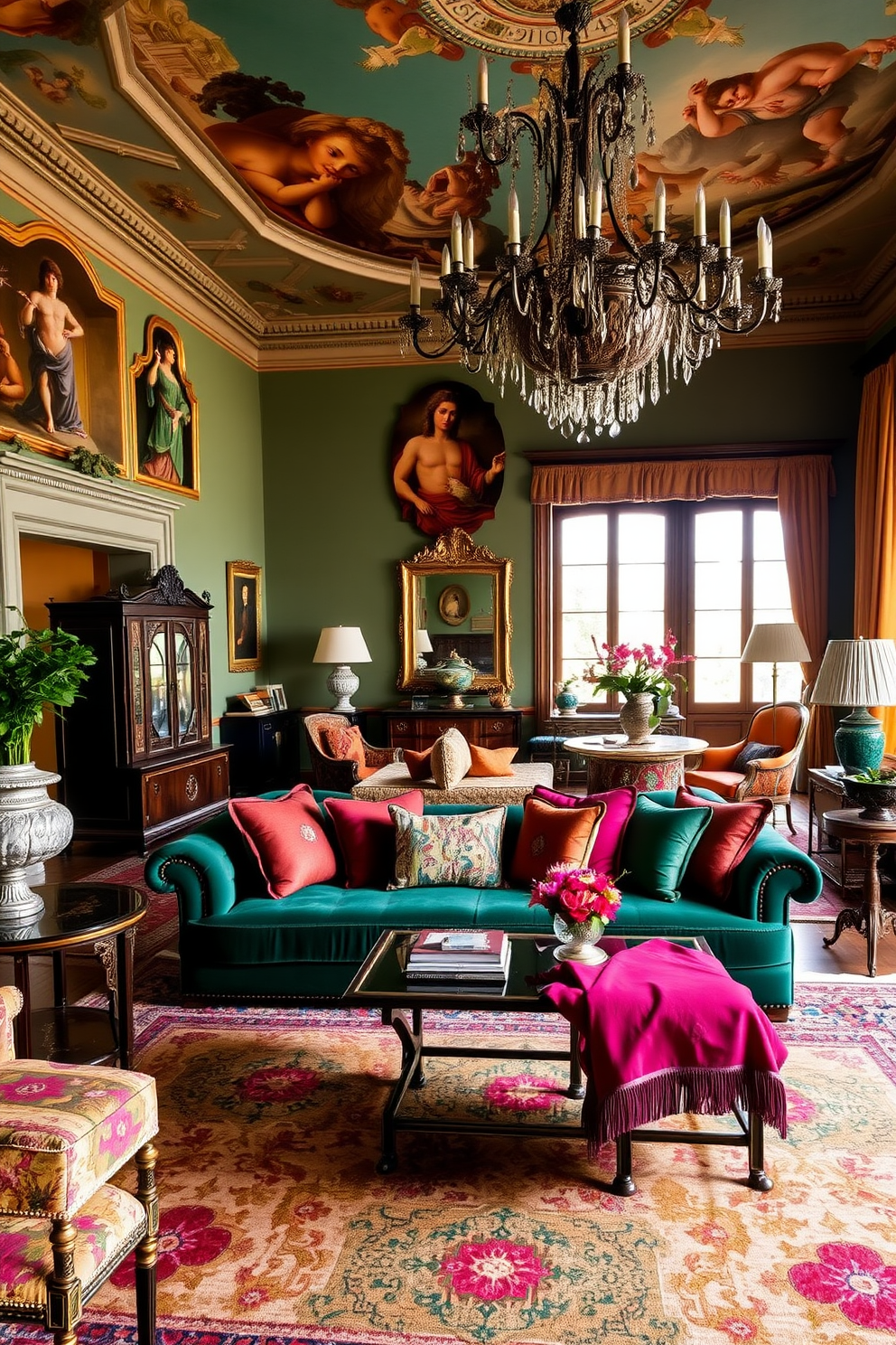 A luxurious Italian living room filled with vibrant textiles in rich color palettes. The space features a plush velvet sofa in deep emerald green adorned with an array of colorful throw pillows. A grand chandelier hangs from the ceiling, casting a warm glow over the room. The walls are decorated with intricate frescoes, and a beautiful area rug in bold patterns anchors the seating area.