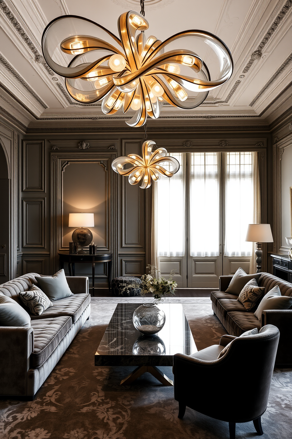 A stunning Italian living room featuring sculptural lighting fixtures that create an artistic flair. The room is adorned with plush velvet sofas and a statement coffee table, complemented by intricate wall moldings and a rich color palette.