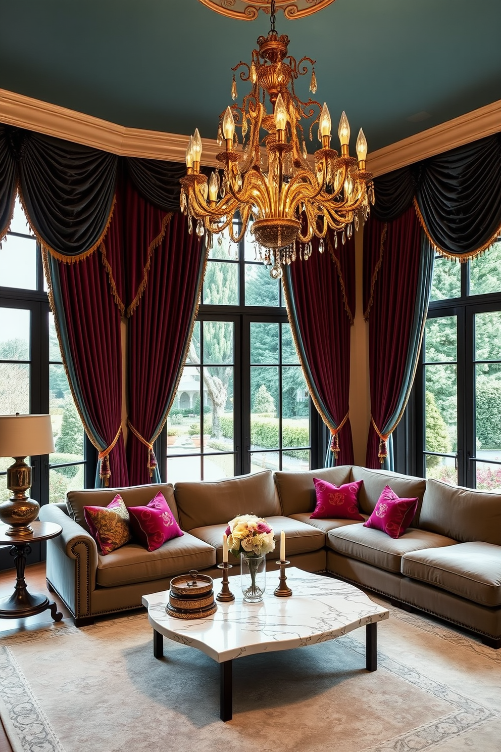 Elegant drapery made from rich velvet cascades gracefully from the ceiling to the floor, framing the large windows that overlook a picturesque garden. The color palette features deep jewel tones, complemented by intricate gold embroidery that adds a touch of opulence. The Italian living room is adorned with a plush sectional sofa in a neutral shade, accented by vibrant throw pillows that echo the colors of the drapery. A grand chandelier hangs above, illuminating the space with warm light, while a marble coffee table sits at the center, showcasing elegant decor pieces.