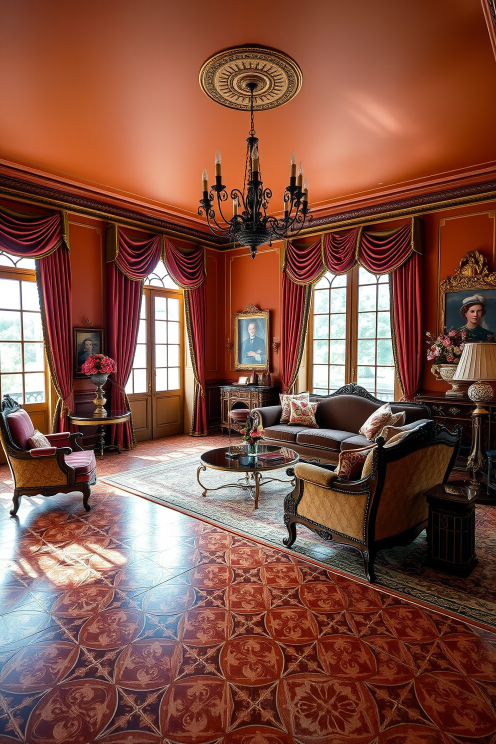 A stunning Italian living room features rich, warm colors and luxurious fabrics. The space is adorned with intricate tile patterns on the floor, showcasing a blend of traditional and contemporary designs. The room includes a plush velvet sofa in a deep hue, complemented by elegant armchairs with ornate detailing. Large windows allow natural light to flood in, highlighting the beautiful tile work and enhancing the overall ambiance.