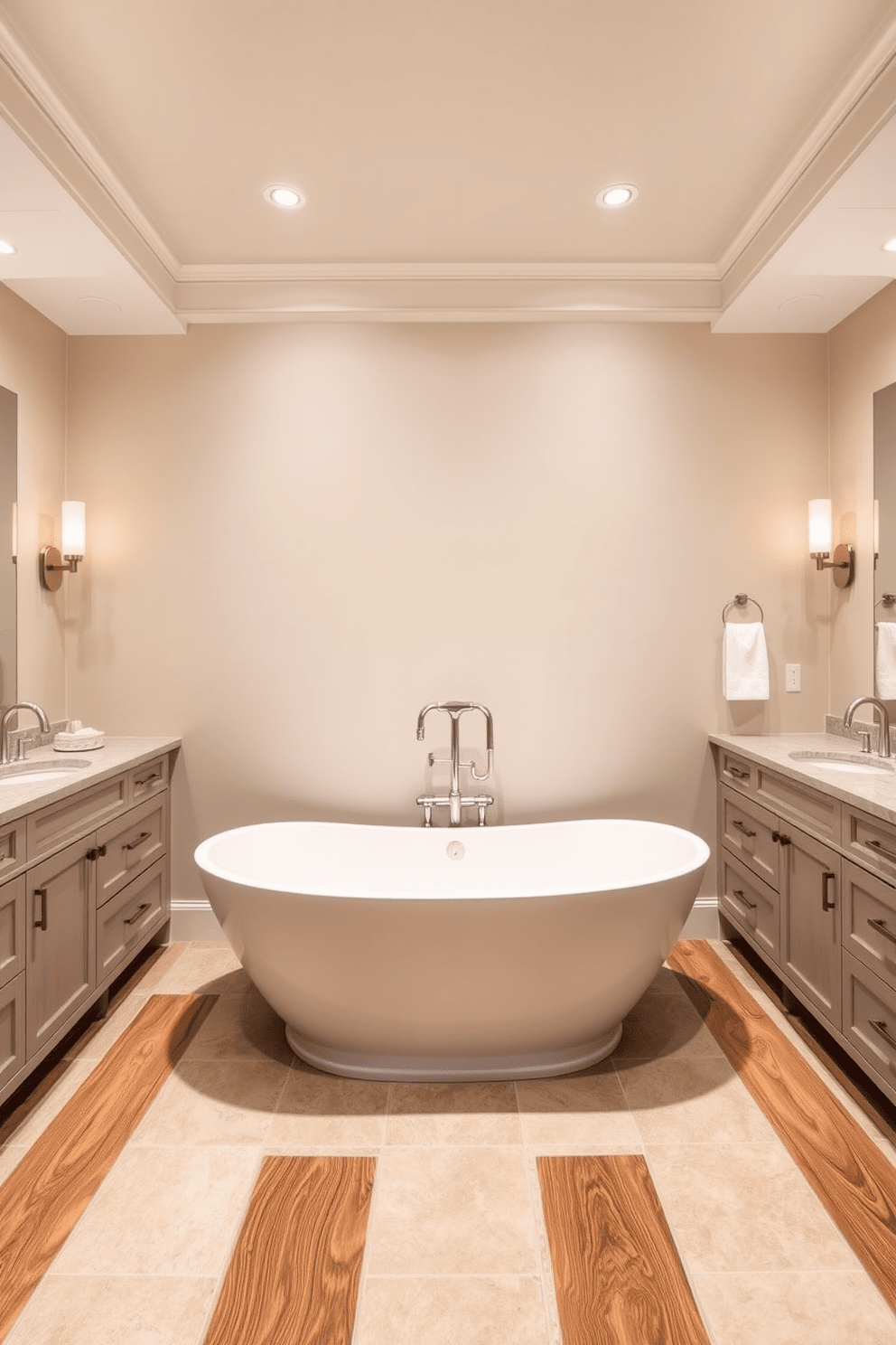 Elegant freestanding bathtub centerpiece in a Jack and Jill bathroom. The space features a large, luxurious bathtub positioned between two separate vanities, each adorned with stylish lighting fixtures. Soft, neutral tones dominate the walls, creating a serene atmosphere. The flooring is a combination of large format tiles and warm wood accents, enhancing the overall elegance of the design.