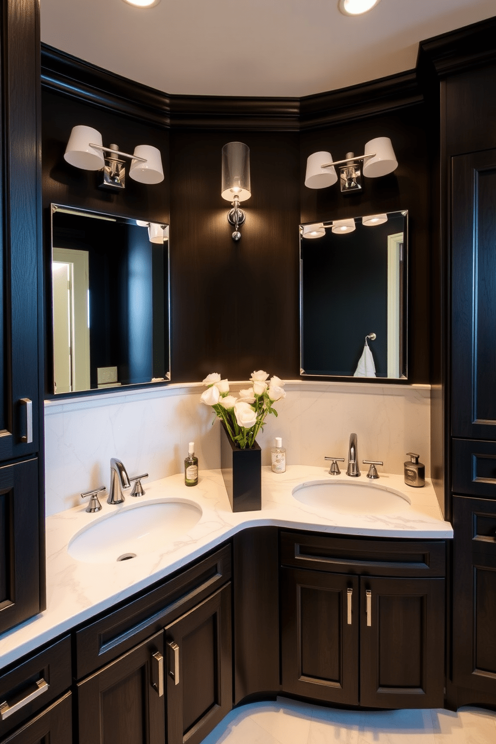 A Jack and Jill bathroom featuring contrasting dark cabinets and light countertops creates a striking visual appeal. The dark wood cabinetry provides a bold backdrop while the light marble or quartz counters add a touch of elegance and brightness. The layout includes two sinks separated by a shared vanity space, maximizing functionality for two users. Soft lighting fixtures above the mirrors enhance the ambiance, creating a warm and inviting atmosphere.