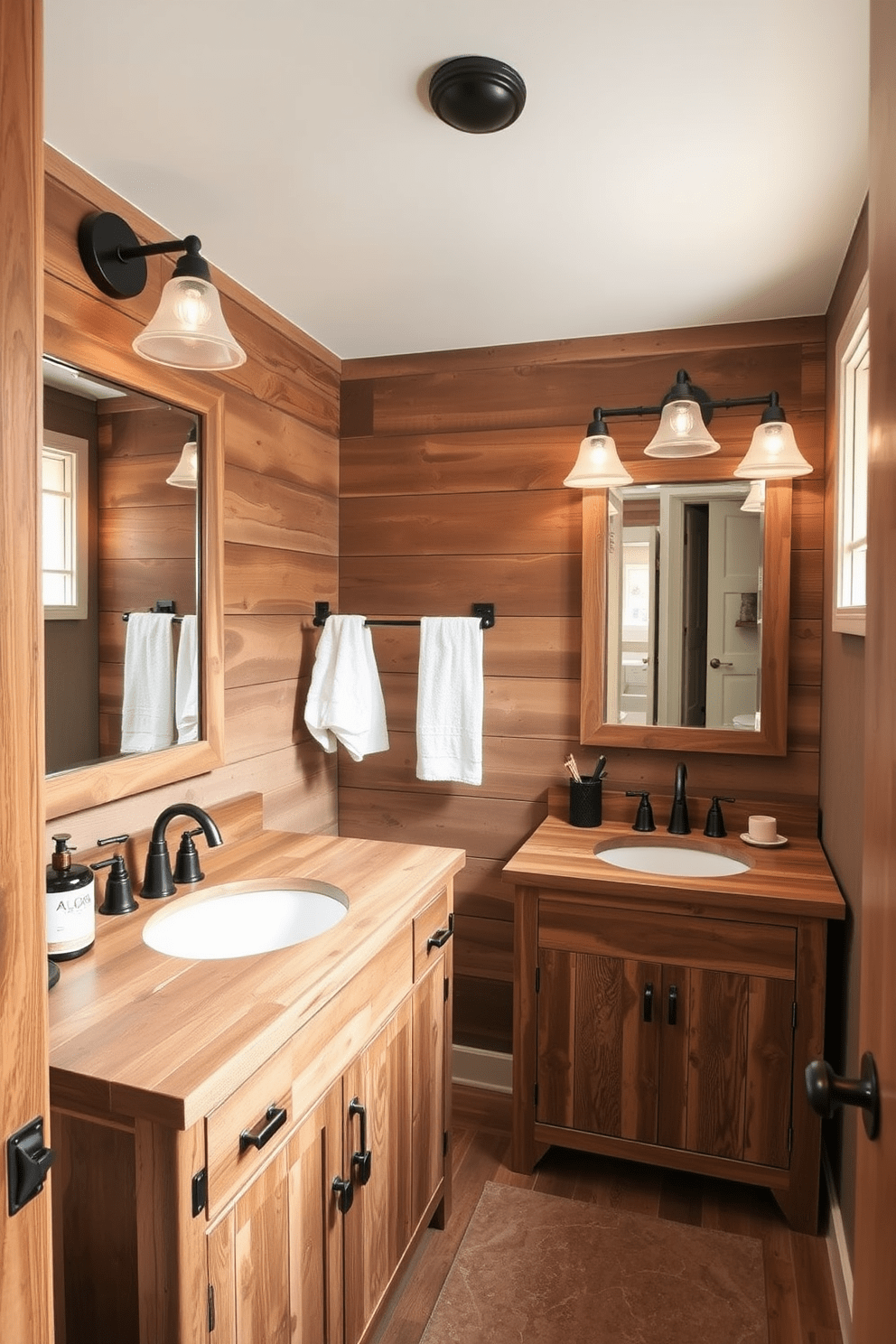 A cozy Jack and Jill bathroom featuring rustic wood accents that add warmth to the space. The design includes two separate vanities with reclaimed wood finishes, framed mirrors, and vintage-style light fixtures that enhance the inviting atmosphere.