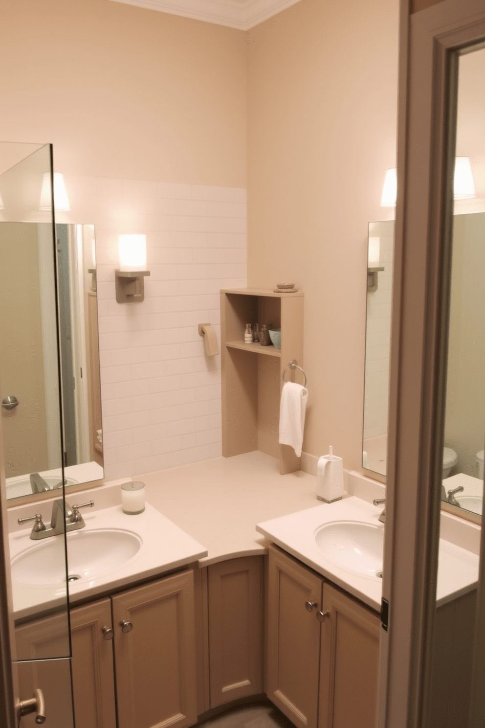 A Jack and Jill bathroom features a shared layout connecting two bedrooms with separate access for privacy. The design includes dual vanities with elegant fixtures, a spacious shower area, and a separate toilet nook, ensuring convenience and comfort for both users.