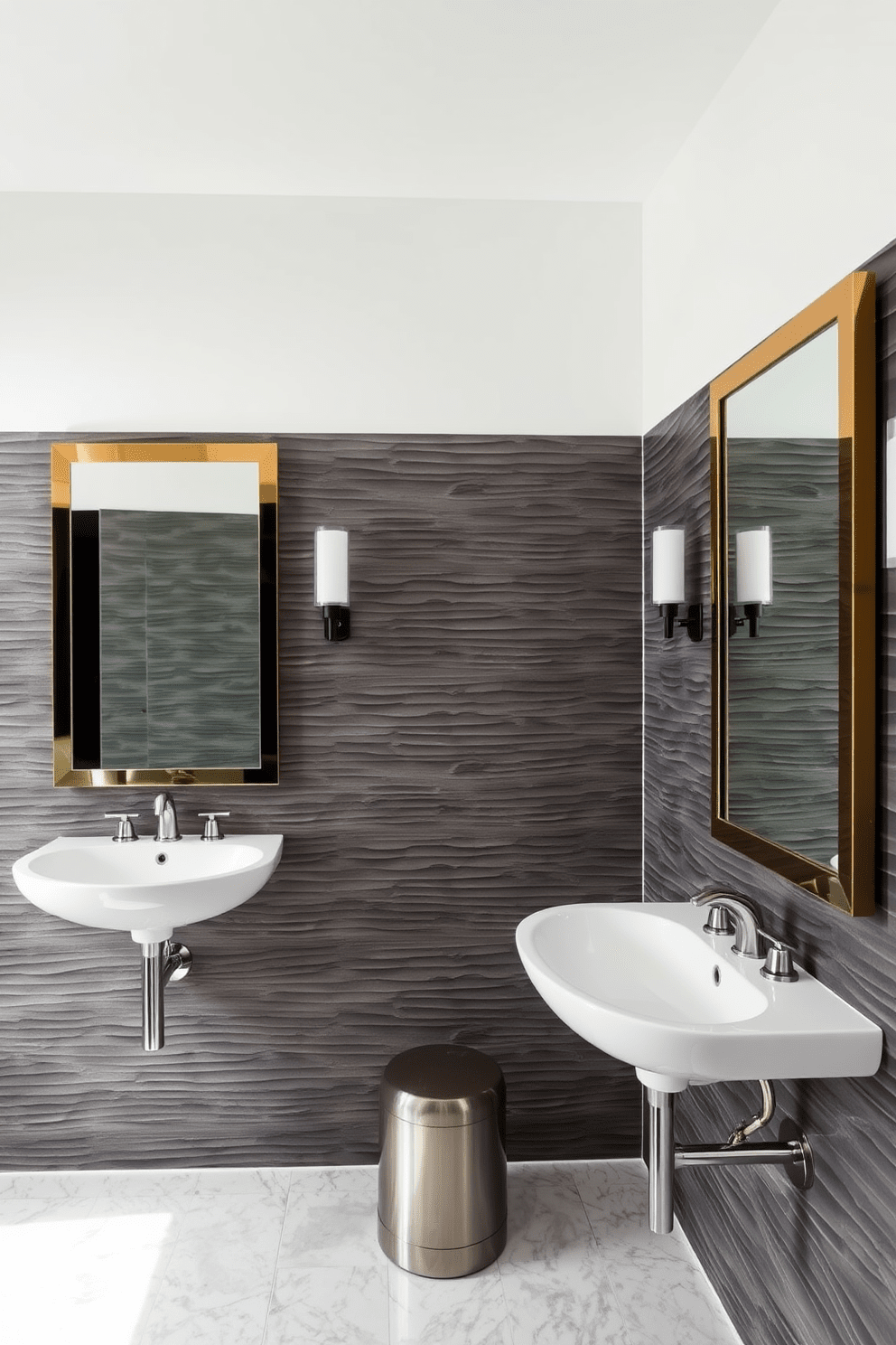 Textured wall panels create a stunning backdrop in a Jack and Jill bathroom. The space features dual sinks with elegant fixtures, flanked by stylish mirrors that enhance the overall aesthetic.