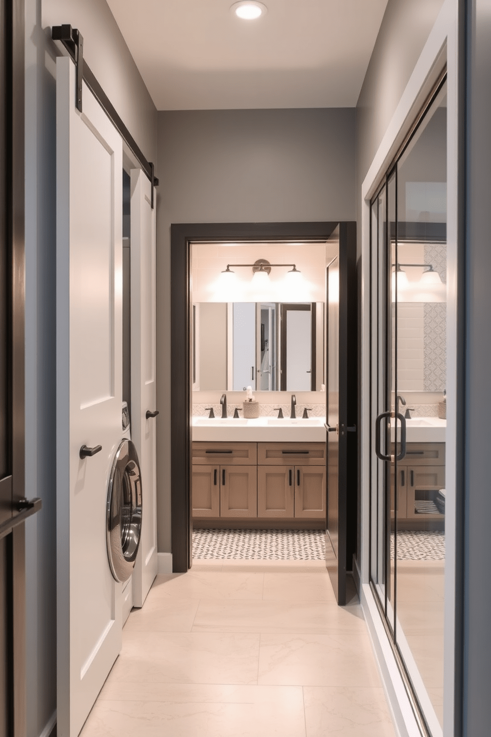 A functional laundry nook seamlessly integrated into a modern home. The space features stacked washer and dryer units tucked behind sliding barn doors, with open shelving for storage and organization. A Jack and Jill bathroom designed for shared use between two bedrooms. The layout includes dual vanities with chic lighting, a spacious shower with glass doors, and a neutral color palette accented by decorative tiles.