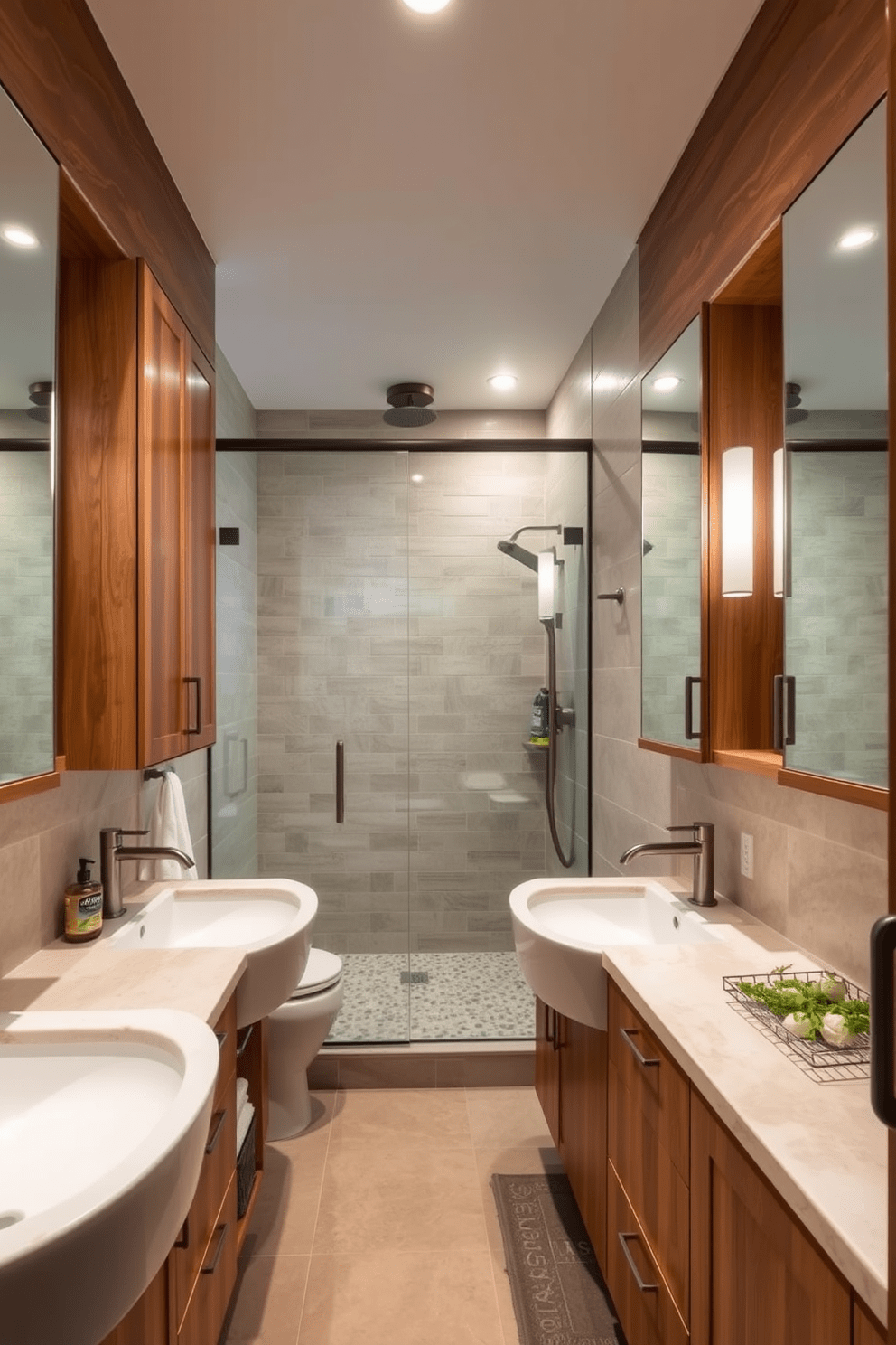 A Jack and Jill bathroom featuring eco-friendly fixtures that promote sustainability. The design includes dual sinks with low-flow faucets and a shared shower area with a glass partition to maximize space and light. Natural wood cabinetry complements the energy-efficient lighting, while recycled materials are used for the countertops. Soft earth-toned tiles line the floor, creating a warm and inviting atmosphere that emphasizes eco-conscious living.