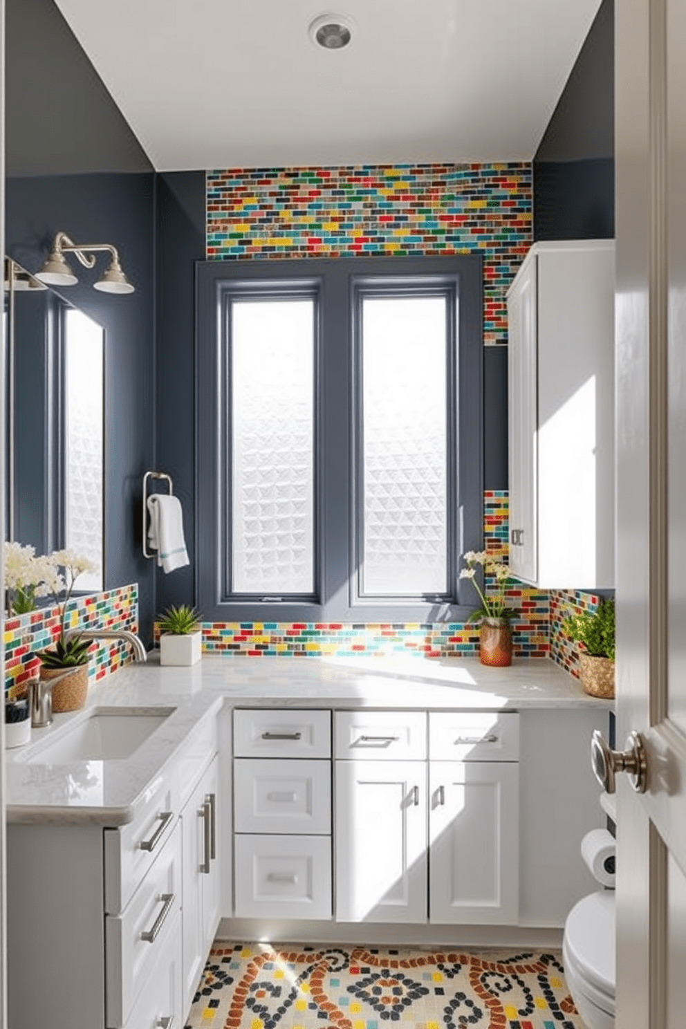 A vibrant Jack and Jill bathroom featuring a colorful mosaic tile backsplash that adds a playful touch to the space. The layout includes two separate vanities with modern fixtures and ample storage, creating a functional and stylish environment for shared use. Natural light floods the room through frosted glass windows, illuminating the cheerful colors of the tiles. Soft white cabinetry complements the backsplash, while decorative accents like potted plants and stylish accessories enhance the overall aesthetic.