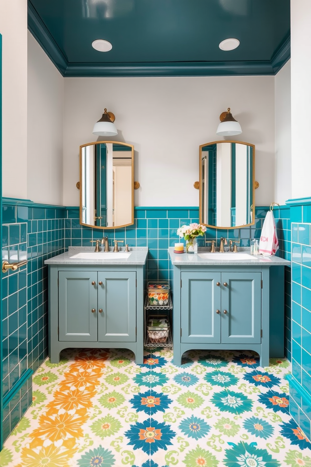 A Jack and Jill bathroom featuring vibrant patterned floor tiles that add character and charm. The design includes two separate vanities with stylish mirrors and ample storage, creating a functional yet aesthetically pleasing space.