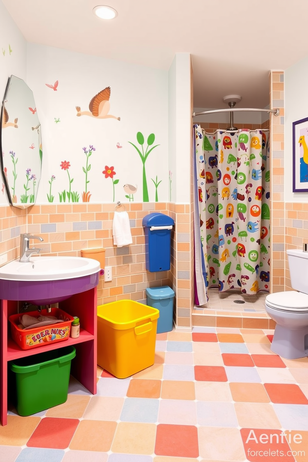 Kids friendly design with playful elements. The space features bright colors and whimsical patterns with fun wall decals of animals and nature. The flooring is soft and cushioned, ideal for little feet, while the furniture includes rounded edges for safety. Storage solutions are incorporated in the form of colorful bins and shelves that encourage organization and playfulness. Jack and Jill bathroom design ideas. The layout includes dual vanities with playful sink shapes, surrounded by vibrant tiles that create a cheerful atmosphere. A shared shower area features a fun shower curtain with cartoon characters, and the walls are adorned with playful artwork that appeals to children.