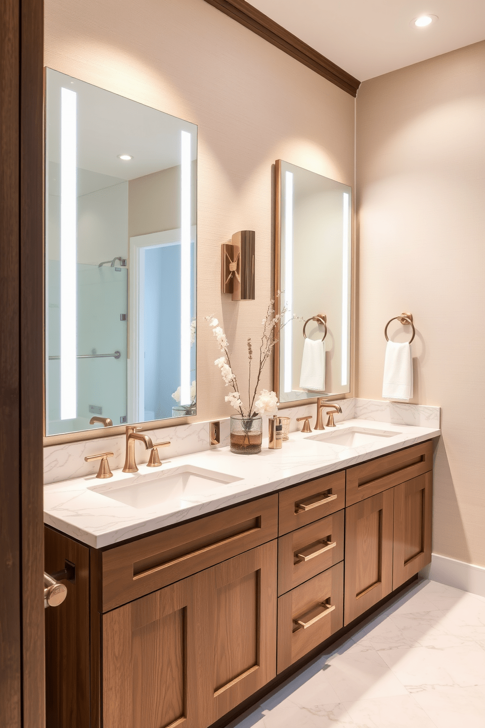 Chic countertop materials like quartz create a seamless and elegant look in a Jack and Jill bathroom. The design features dual vanities with stylish quartz tops, complemented by contemporary fixtures and ample storage space. Soft lighting enhances the warm tones of the cabinetry, while sleek mirrors above each sink add depth and sophistication. The walls are adorned with subtle textures, creating an inviting atmosphere that balances functionality and style.