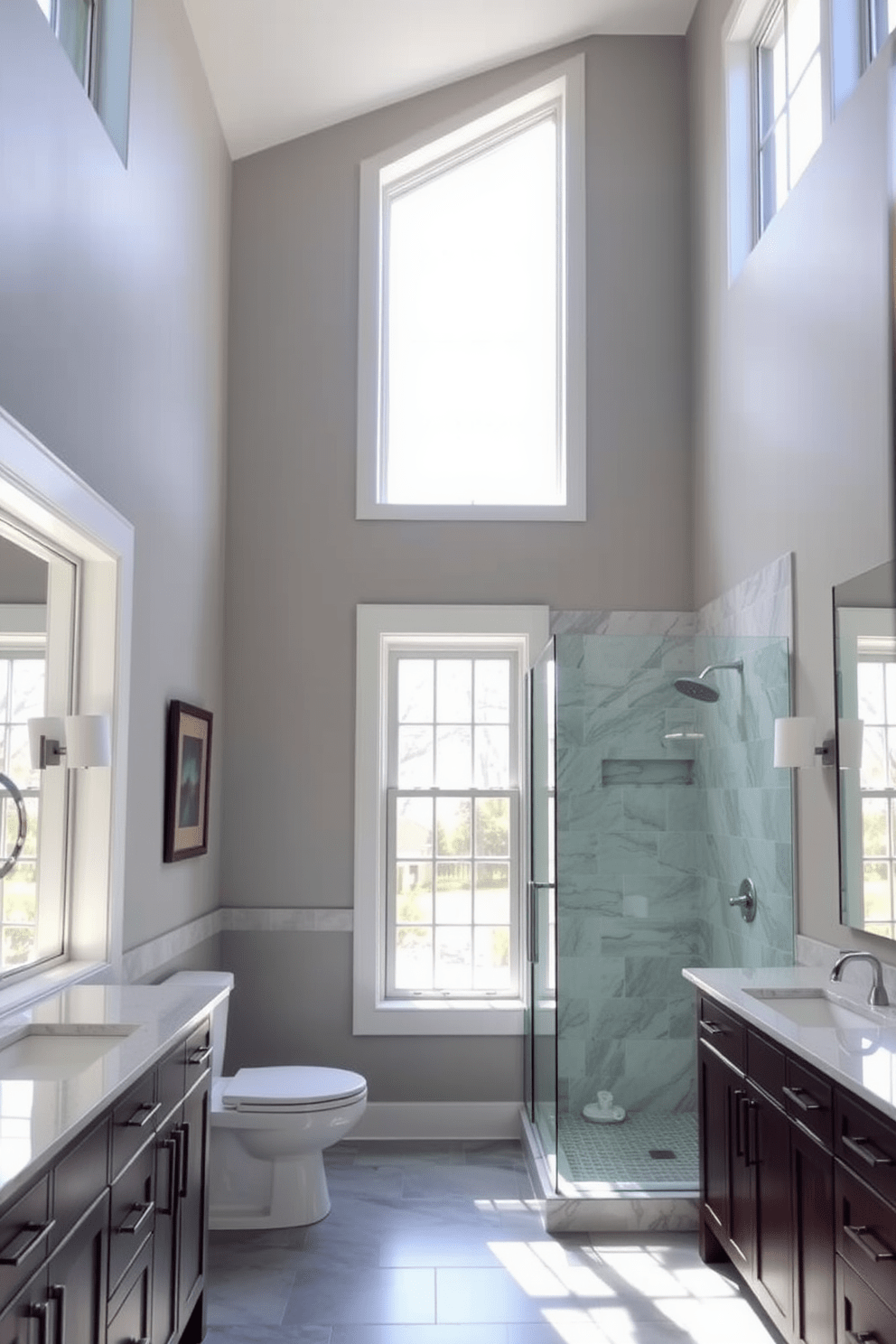 A Jack and Jill bathroom design featuring ample natural light streaming through large windows. The space includes dual vanities with elegant fixtures and a shared shower area, creating a harmonious and functional layout.