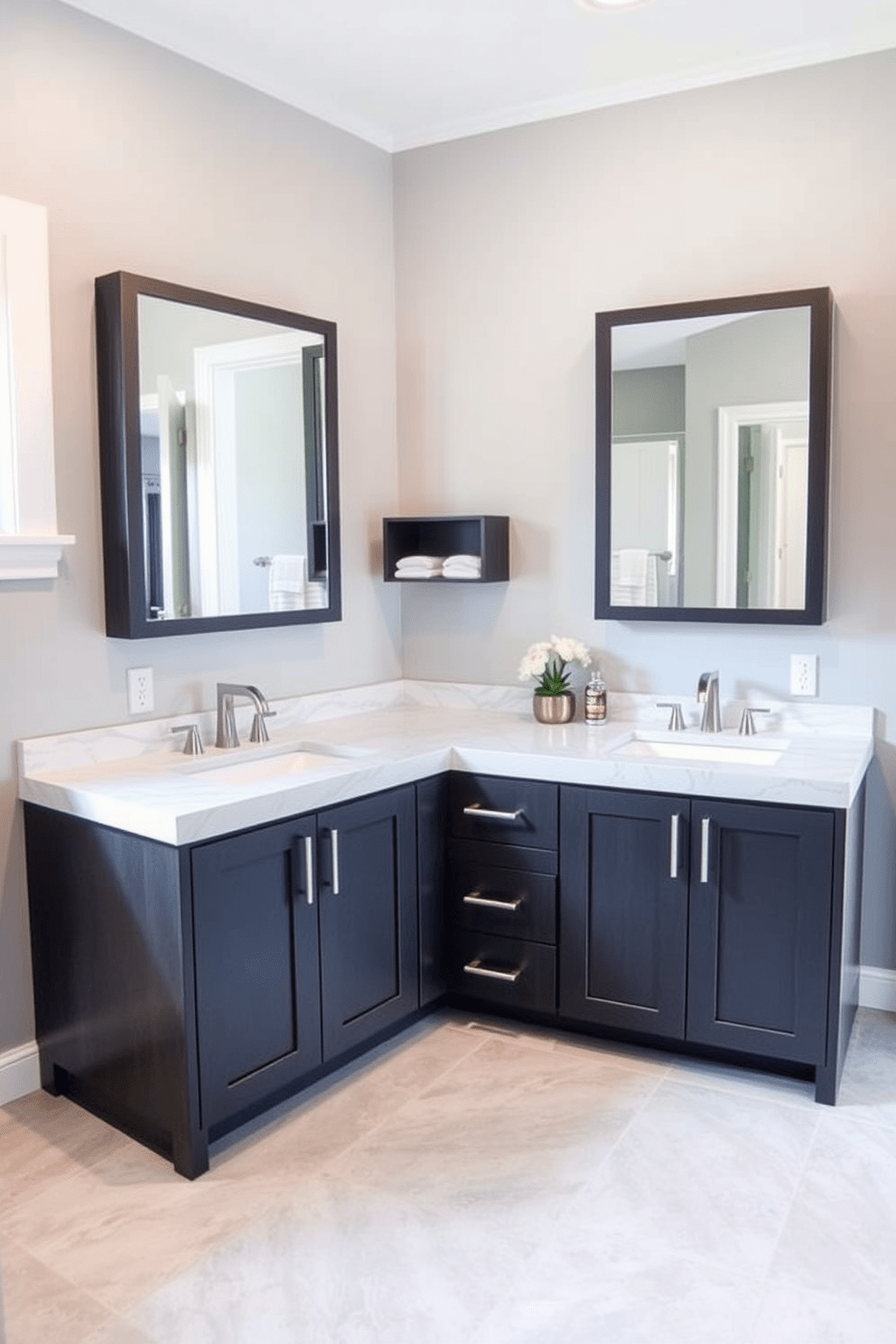 A stylish Jack and Jill bathroom featuring easy-to-clean surfaces that enhance practicality. The design includes a shared double vanity with a sleek quartz countertop and undermount sinks, flanked by modern cabinetry for ample storage. The walls are painted in a soft gray hue, creating a calming atmosphere. Large-format porcelain tiles cover the floor, providing a seamless look that is both elegant and easy to maintain.