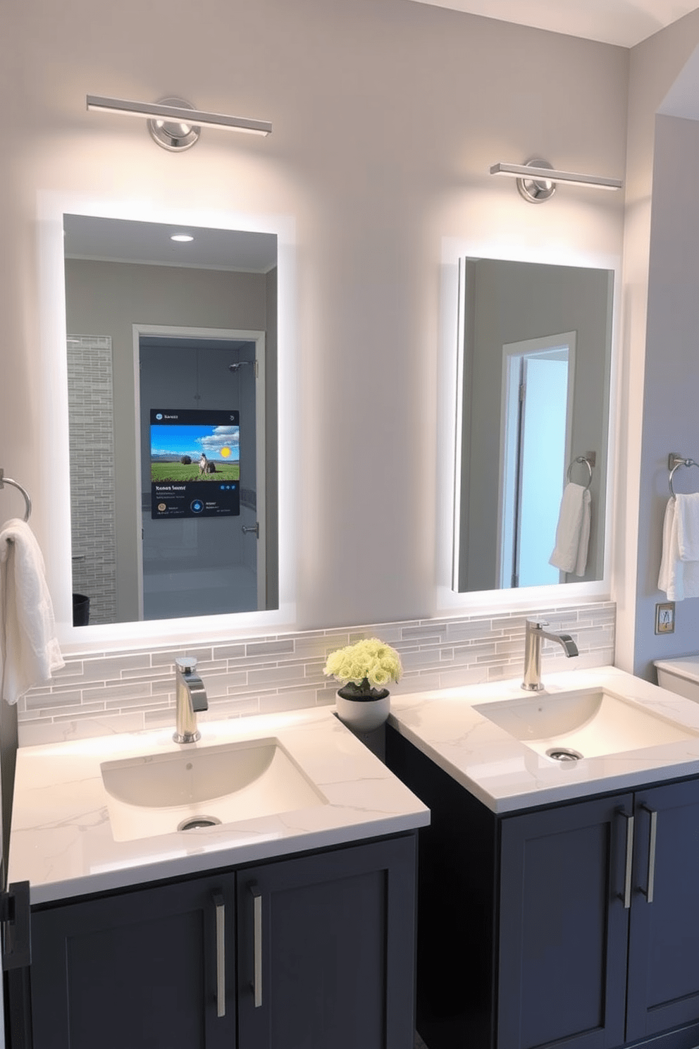 A modern Jack and Jill bathroom featuring sleek smart technology integration. The design includes touchless faucets and a smart mirror that displays the weather and news. On one side, there are dual vanities with elegant quartz countertops and under-cabinet lighting. The walls are painted in a soft gray hue, complemented by a stylish tile backsplash that adds texture.