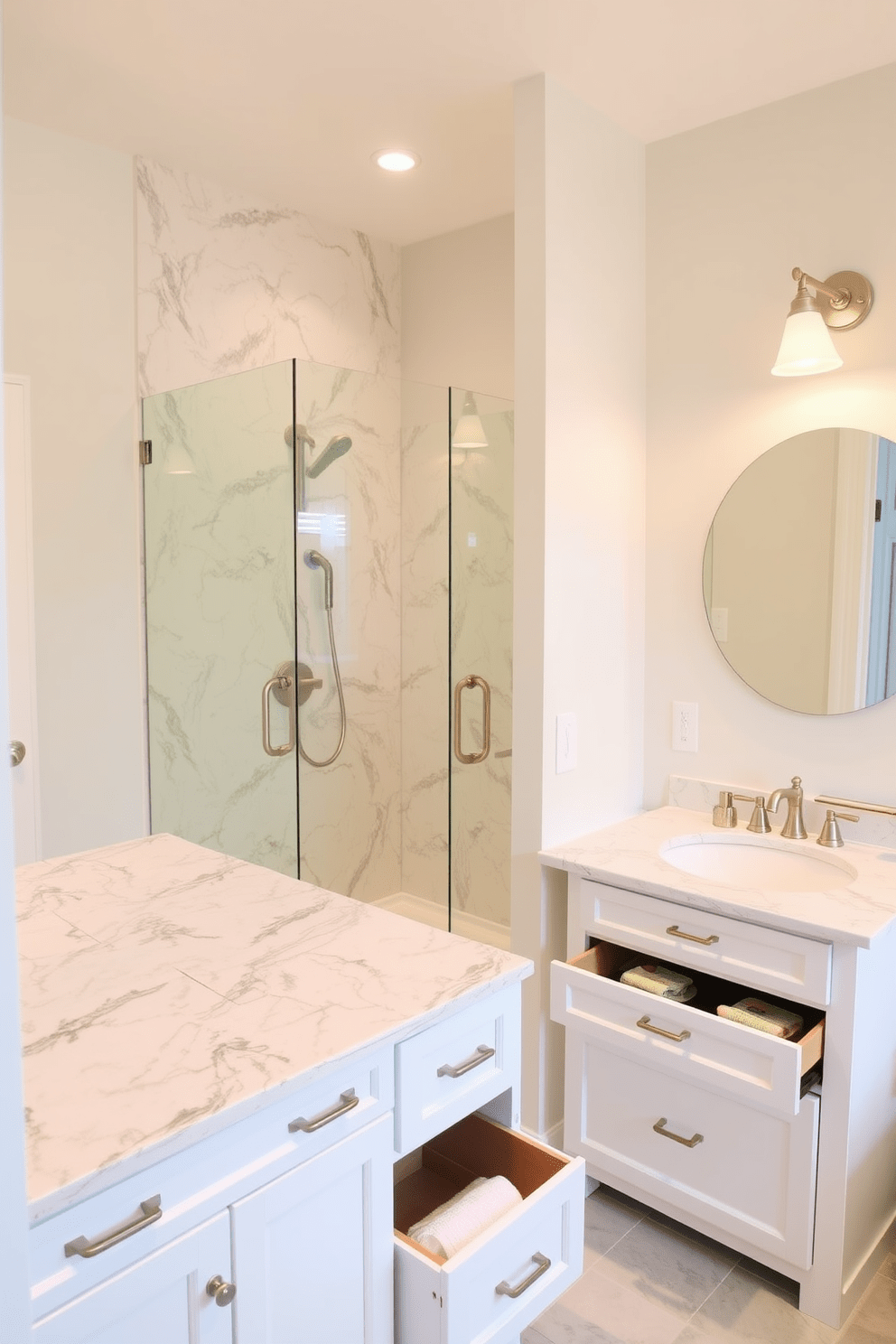 A Jack and Jill bathroom featuring soft close drawers for quiet use. The design includes dual sinks with elegant faucets, a shared shower space, and tasteful lighting that creates a warm ambiance.