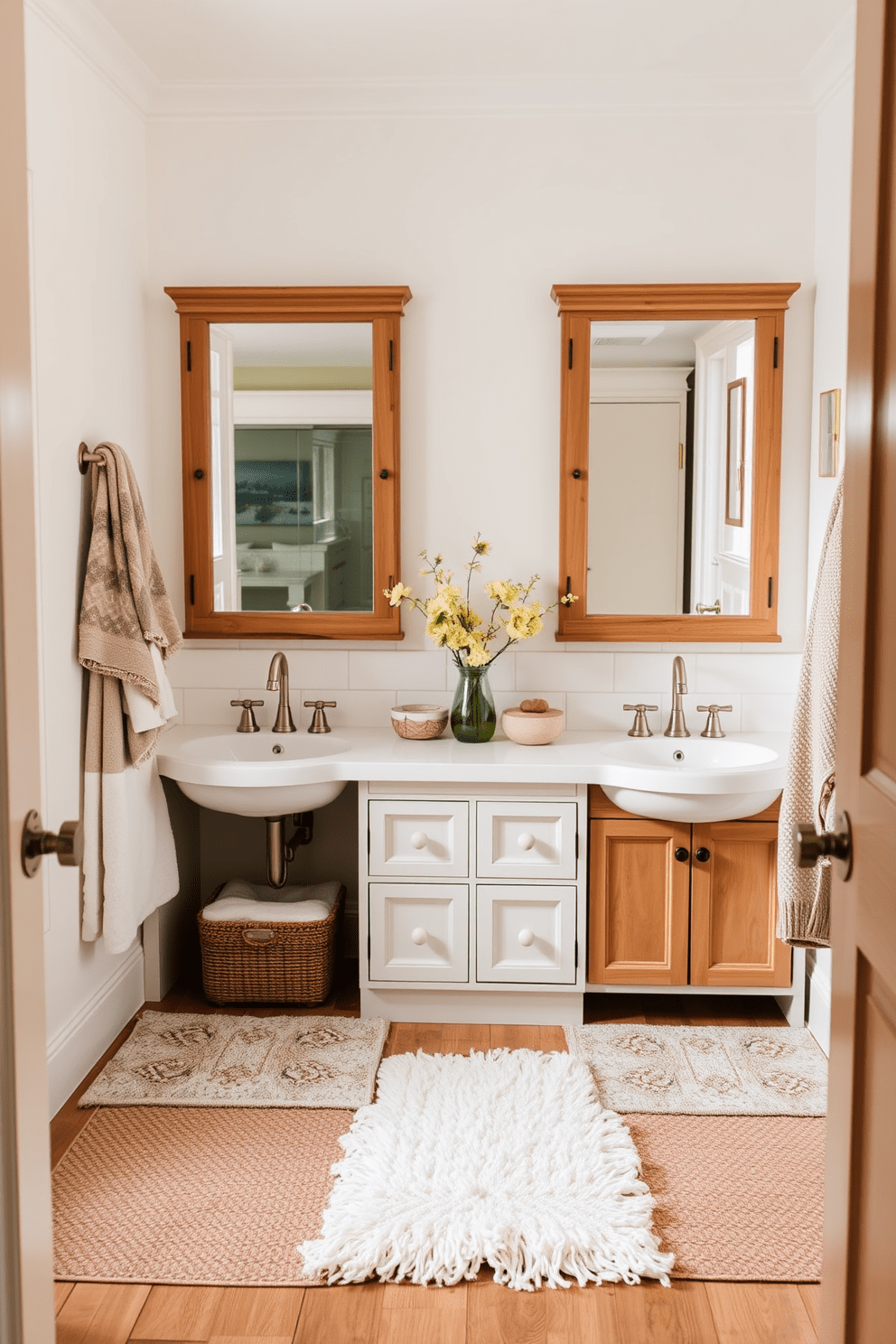 Layered textiles create a warm and inviting atmosphere in a Jack and Jill bathroom. Soft towels, plush rugs, and decorative cushions enhance the comfort while adding a touch of style. The bathroom features dual sinks with a shared vanity, adorned with elegant fixtures and ample storage. Light-colored walls and natural wood accents provide a fresh and cohesive look, perfect for a family-friendly space.