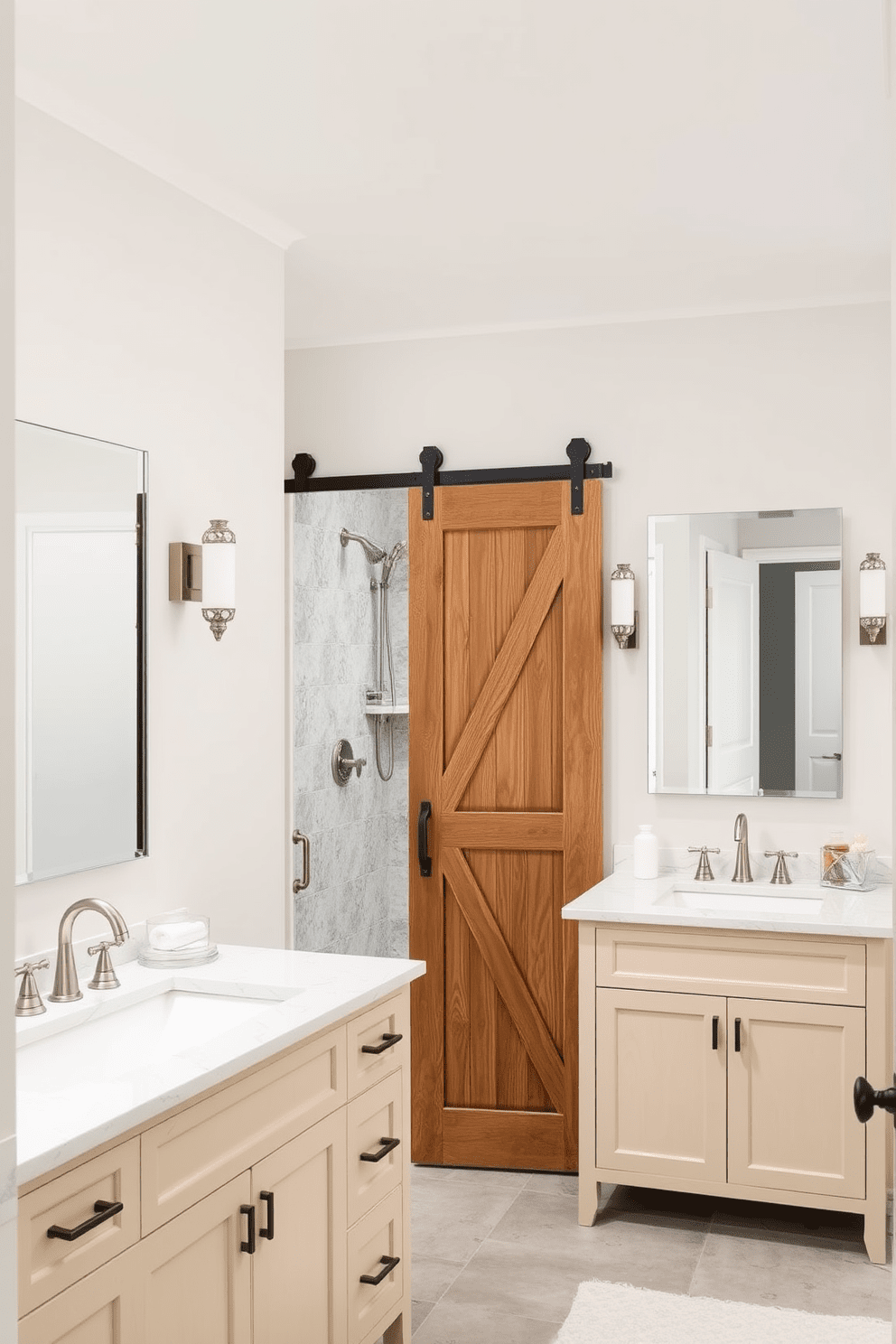 A Jack and Jill bathroom features a sliding barn door that saves space while adding a rustic charm. The design includes dual vanities with elegant fixtures and a shared shower area, creating a functional yet stylish environment.