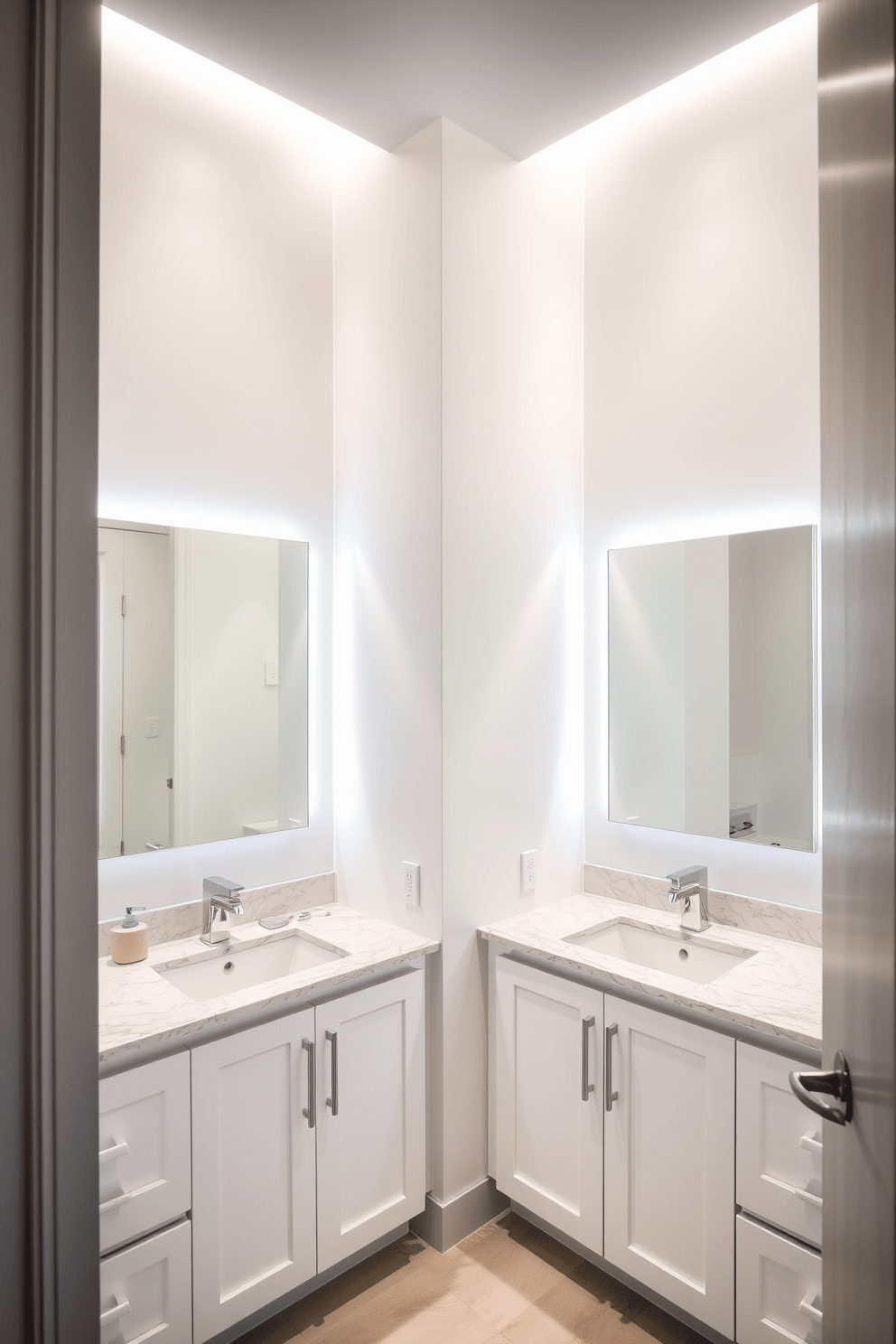 A Jack and Jill bathroom featuring bright LED lighting that enhances the modern aesthetic. The space includes dual sinks with sleek cabinetry and contemporary fixtures, creating a functional yet stylish atmosphere.