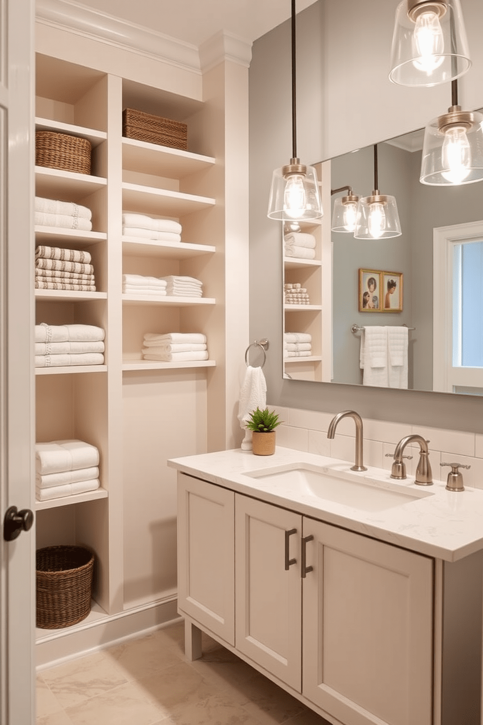 Open shelving lines the walls of a Jack and Jill bathroom, providing easy access to neatly arranged towels and toiletries. The design features a shared double vanity with stylish pendant lighting above, enhancing the warm and inviting atmosphere.