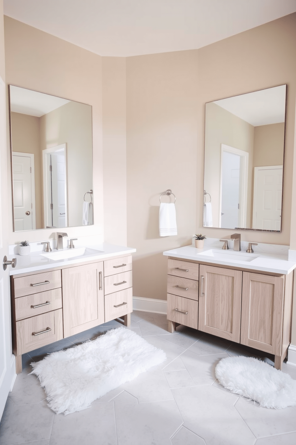 A serene Jack and Jill bathroom featuring a neutral color palette that promotes a calming atmosphere. The space includes two separate vanities with light wood finishes, each topped with white quartz countertops and modern faucets. Soft beige walls create a warm backdrop, while large mirrors above each vanity reflect natural light. The flooring consists of light gray tiles, complemented by fluffy white rugs for added comfort.