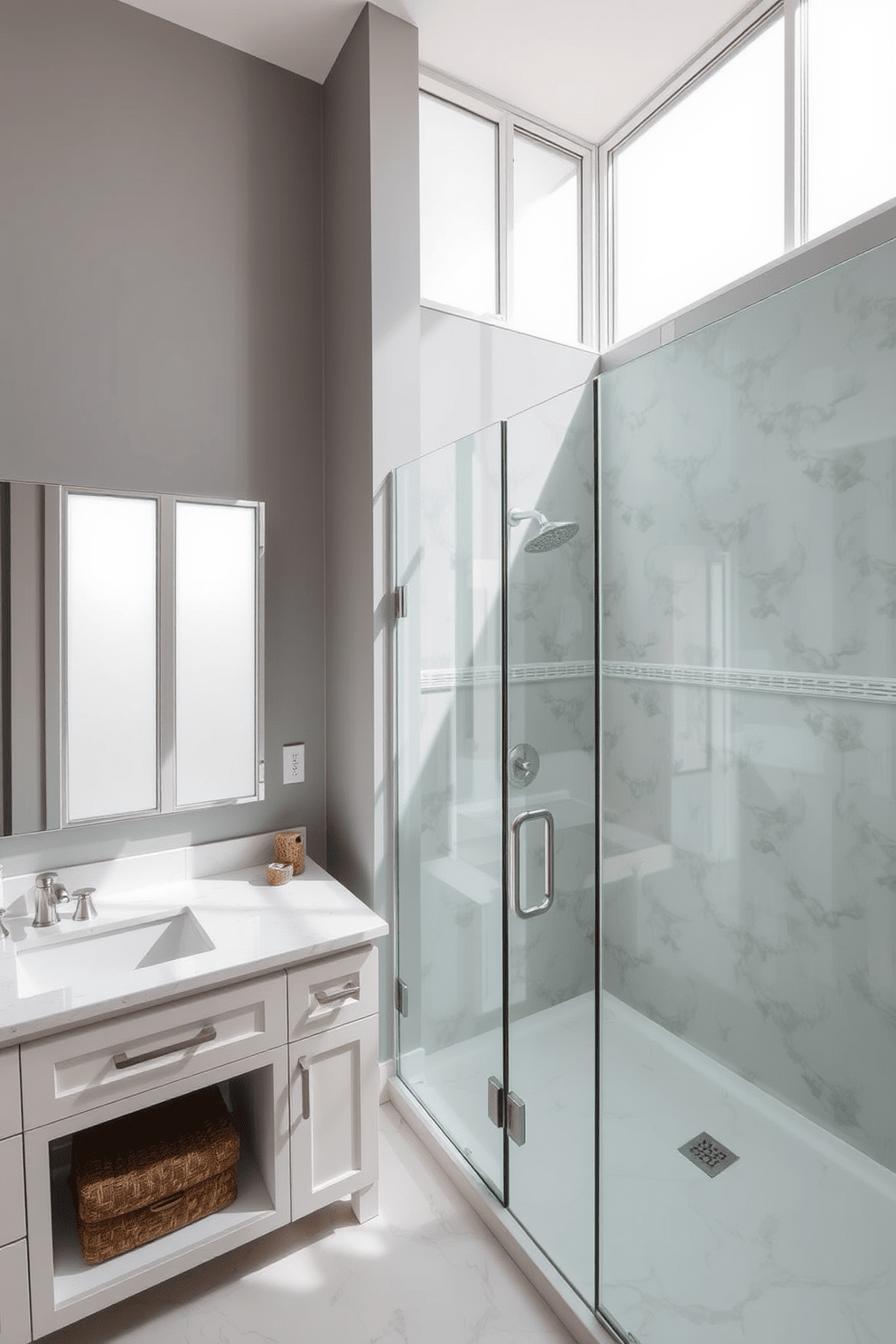 A modern Jack and Jill bathroom featuring a frameless glass shower enclosure that seamlessly blends with the overall design. The space is adorned with dual vanities, each with sleek, minimalist fixtures and ample storage beneath. Natural light floods the room through frosted glass panels, enhancing the airy atmosphere. The walls are painted in a soft gray, complemented by elegant tile work that runs throughout the space.