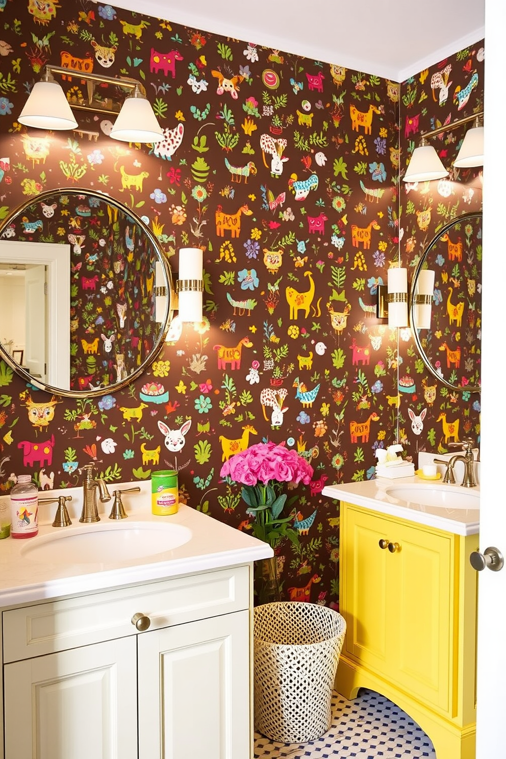 Whimsical wallpaper featuring colorful patterns of animals and flowers adorns the walls, creating a playful atmosphere. The Jack and Jill bathroom includes two separate vanities with bright, cheerful finishes, each equipped with round mirrors and stylish lighting fixtures.