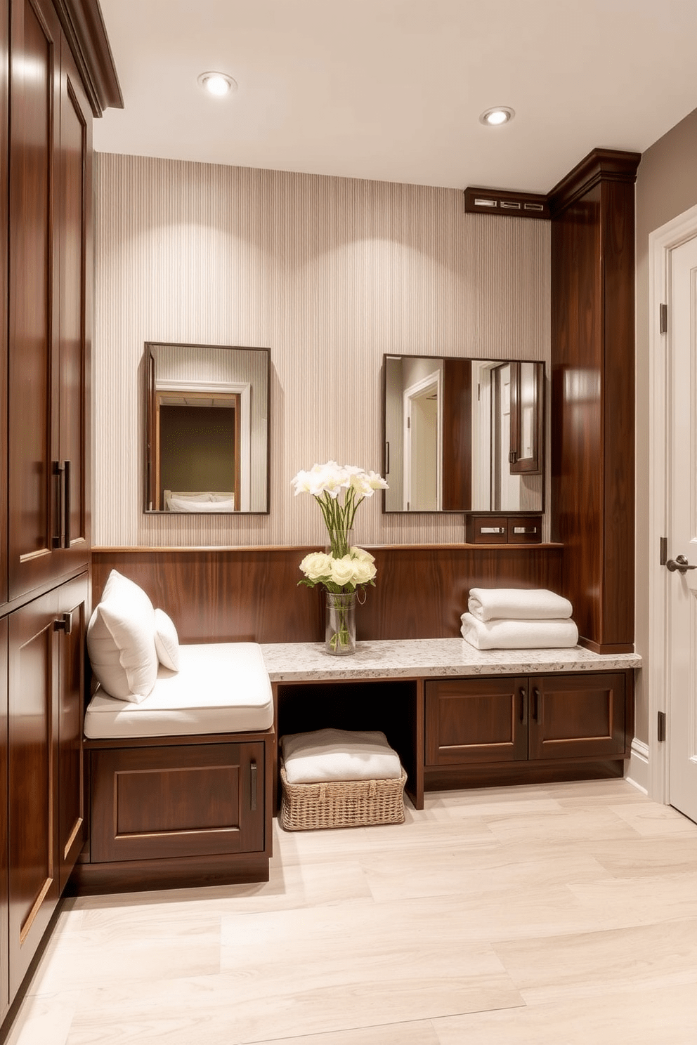 A built-in storage bench is seamlessly integrated into the Jack and Jill bathroom, offering both functionality and style. The bench features soft cushions and is flanked by elegant cabinetry that provides ample space for towels and toiletries. The design incorporates a shared double vanity with stylish fixtures and ample lighting. Neutral tones and natural materials create a warm and inviting atmosphere, perfect for a family-friendly space.