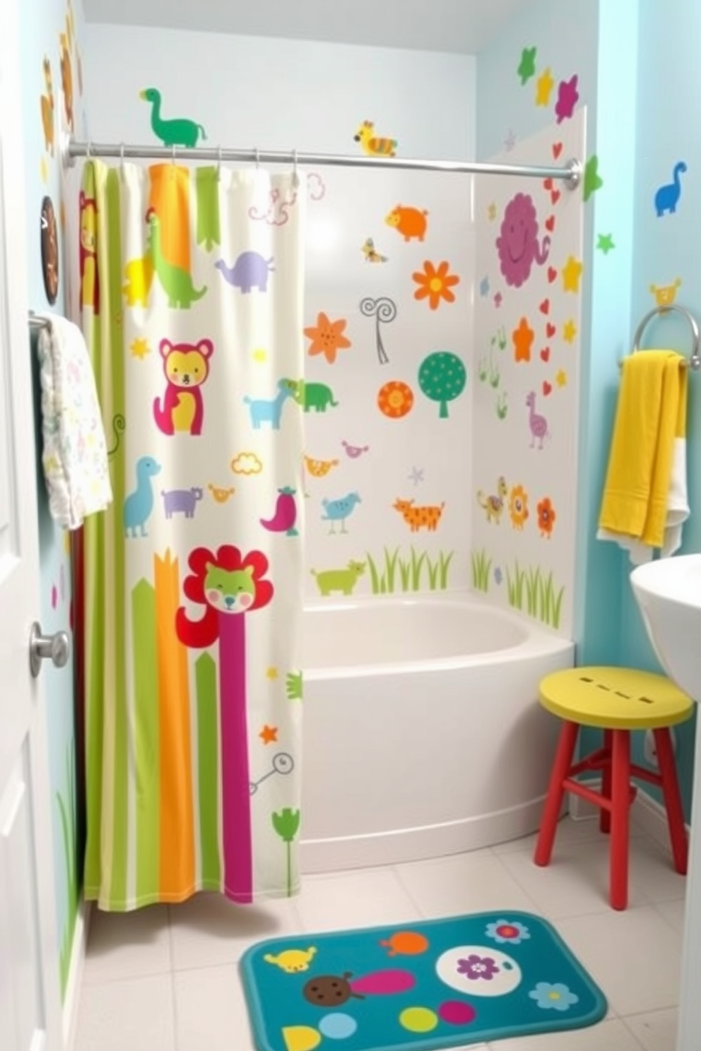 A vibrant bathroom designed for kids featuring colorful wall decals of animals and whimsical patterns. The space includes a cheerful shower curtain with bright colors and a playful bath mat that adds to the fun atmosphere.