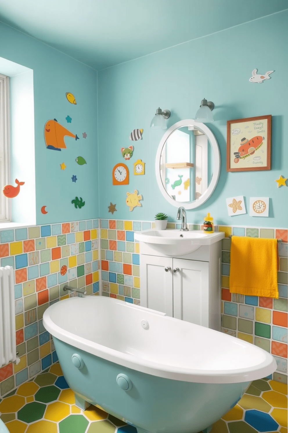 Design a playful kids bathroom featuring interactive wall games that engage children while they wash up. The walls are adorned with colorful decals and magnetic boards where kids can play and learn, creating a fun and stimulating environment. Incorporate a whimsical bathtub shaped like a boat, surrounded by bright, cheerful tiles in various shapes and sizes. The vanity is low to the ground, with a playful design that encourages kids to explore and enjoy their bathroom experience.