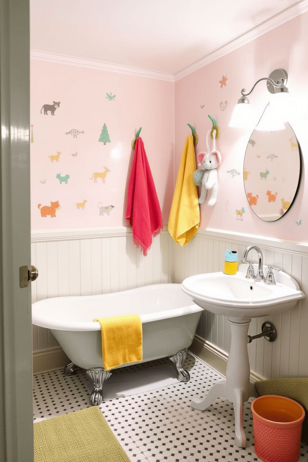 A whimsical kids bathroom featuring vintage-inspired fixtures that blend classic charm with playful elements. The space includes a freestanding clawfoot tub with a polished chrome faucet and a charming pedestal sink adorned with colorful accents. The walls are painted in a soft pastel hue, complemented by playful wall decals of animals and nature. Brightly colored towels hang from hooks shaped like fun characters, adding a touch of whimsy to the design.