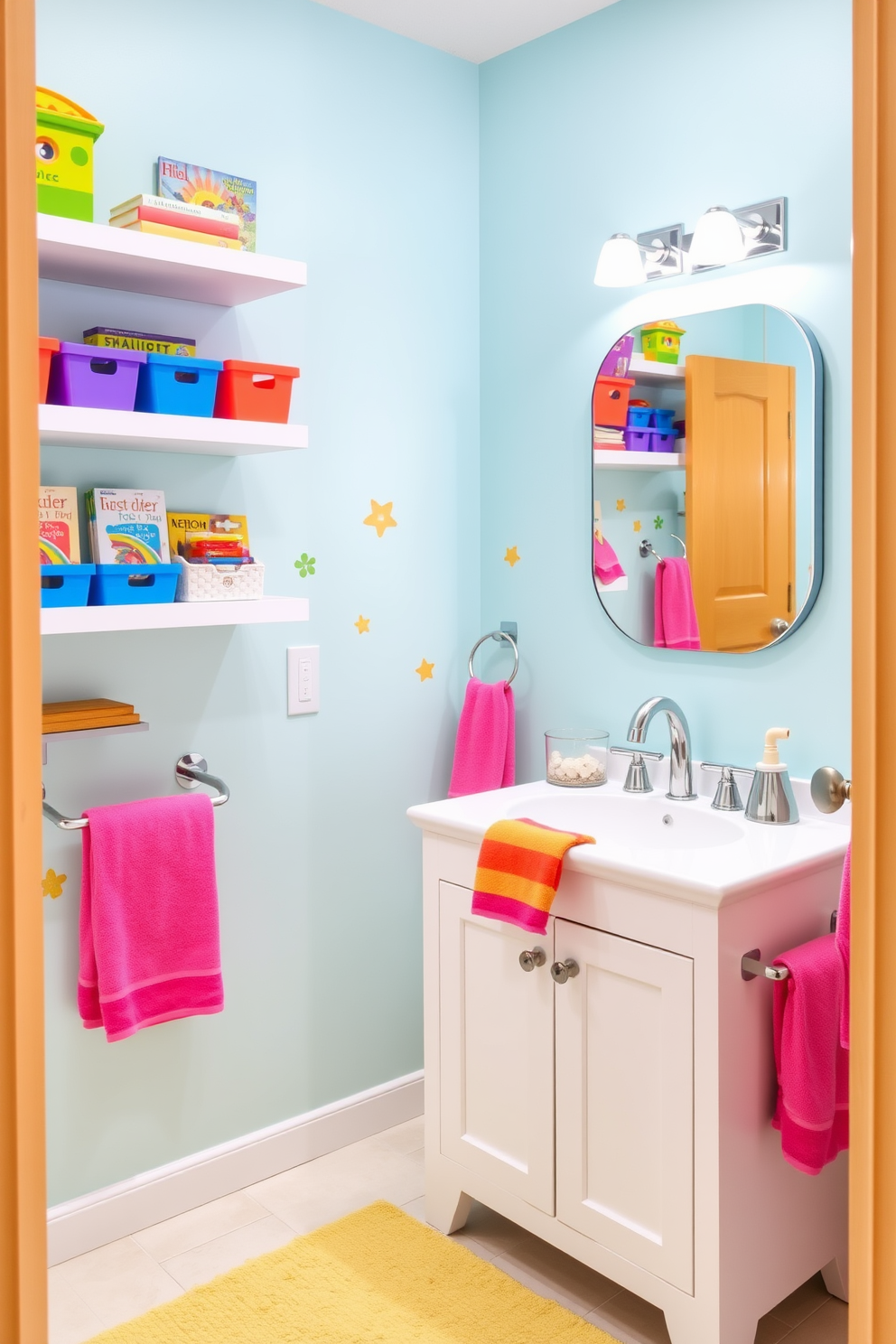 A playful and functional kids bathroom design featuring floating shelves for display and storage. The shelves are adorned with colorful bins for toys and books, while cheerful wall decals add a touch of fun to the space. The vanity has a rounded sink for safety and is paired with a vibrant mirror that reflects the playful decor. Brightly colored towels hang neatly on hooks, and the floor is covered with a soft, non-slip rug for comfort.