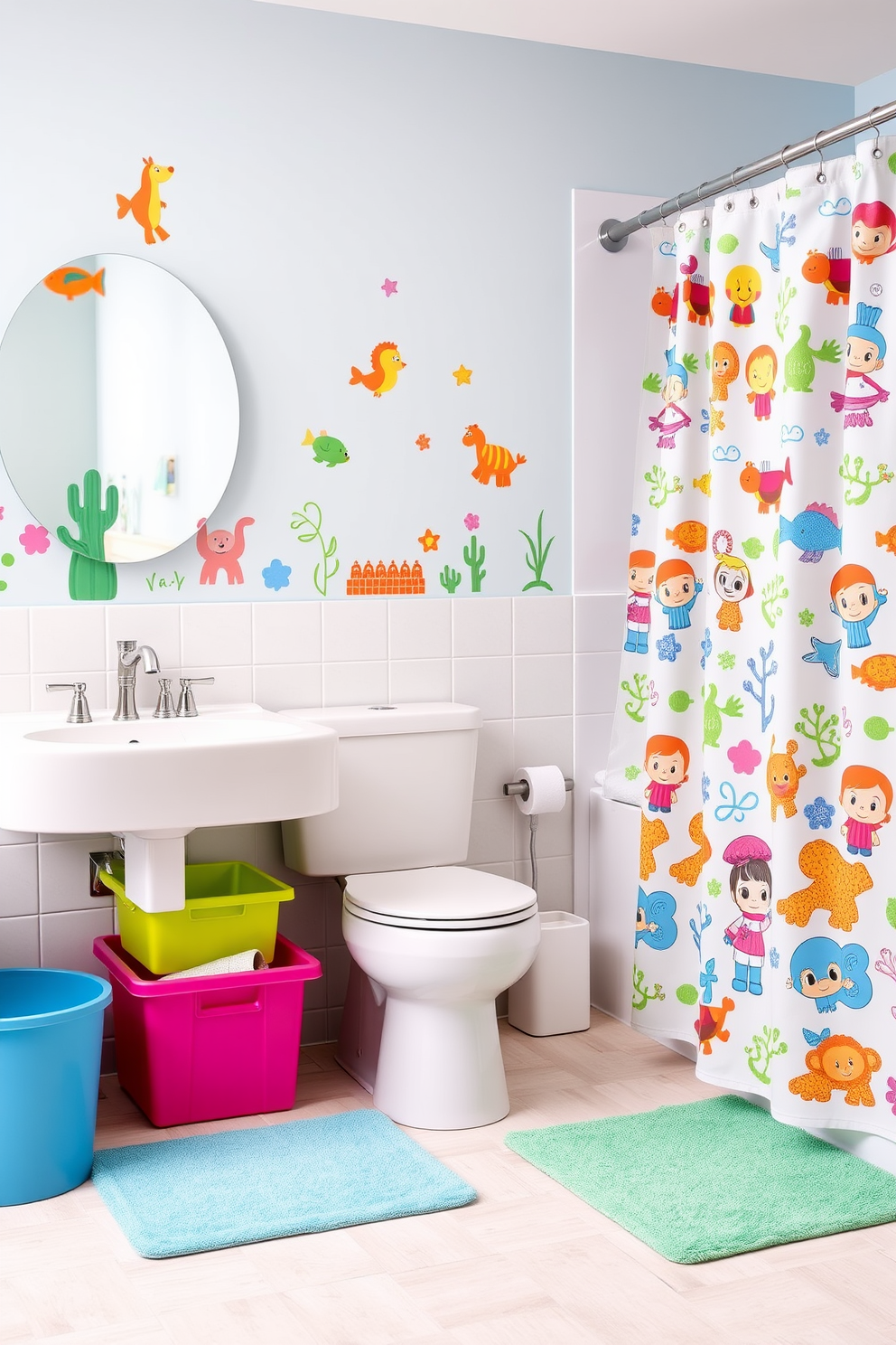 A playful and colorful kids bathroom featuring a soft-close toilet seat for added safety. The walls are adorned with cheerful wall decals of animals and underwater scenes, creating a fun atmosphere for children. Brightly colored storage bins are neatly arranged under the sink, providing easy access to toys and bath essentials. A vibrant shower curtain with cartoon characters complements the overall design, while a non-slip bath mat adds comfort and safety.