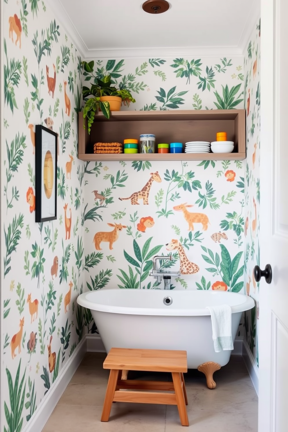 A serene kids bathroom featuring nature-inspired wallpaper adorned with playful animals and lush greenery. The space includes a freestanding bathtub with a wooden step stool, and colorful bath accessories are neatly organized on open shelving.