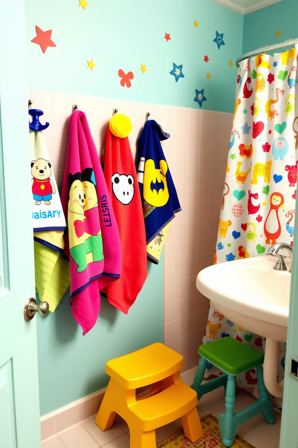 A vibrant kids bathroom filled with playful colors and fun patterns. Each child's personalized towel hangs on a separate hook, showcasing their favorite characters and designs. The walls are adorned with cheerful decals of animals and stars, creating an engaging atmosphere. A colorful shower curtain complements the theme, while a small step stool is placed by the sink for easy access.