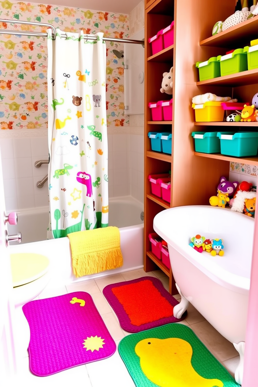 A playful kids bathroom design featuring colorful non-slip bath mats that provide safety and comfort. The walls are adorned with cheerful animal-themed wallpaper, and the fixtures are in bright, inviting colors. A spacious bathtub with a fun shower curtain adds a whimsical touch to the space. Shelving units filled with vibrant storage bins keep toys organized and easily accessible.