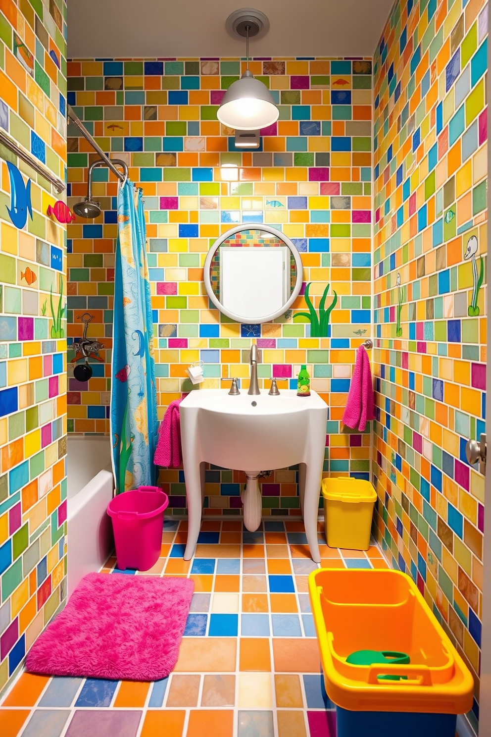 A vibrant kids bathroom featuring brightly colored tiles in a playful mosaic pattern that brings energy to the space. The walls are adorned with cheerful wall decals of underwater scenes, and a fun shower curtain complements the overall theme. A whimsical vanity with a round mirror hangs above a low sink designed for children. Soft, plush bath mats in bright colors add comfort underfoot, while colorful storage bins keep toys organized and accessible.