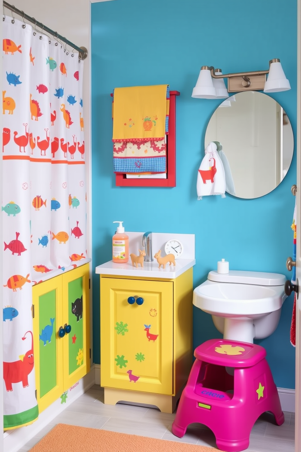 Create a playful kids bathroom design that features colorful themed accessories to enhance the overall decor. The walls are painted in a bright, cheerful color, and whimsical shower curtains and towels coordinate with the theme, adding fun elements to the space. Incorporate storage solutions that are both functional and stylish, such as a colorful cabinet adorned with fun decals. The bathroom fixtures should be user-friendly for children, with a child-sized sink and a playful step stool for easy access.