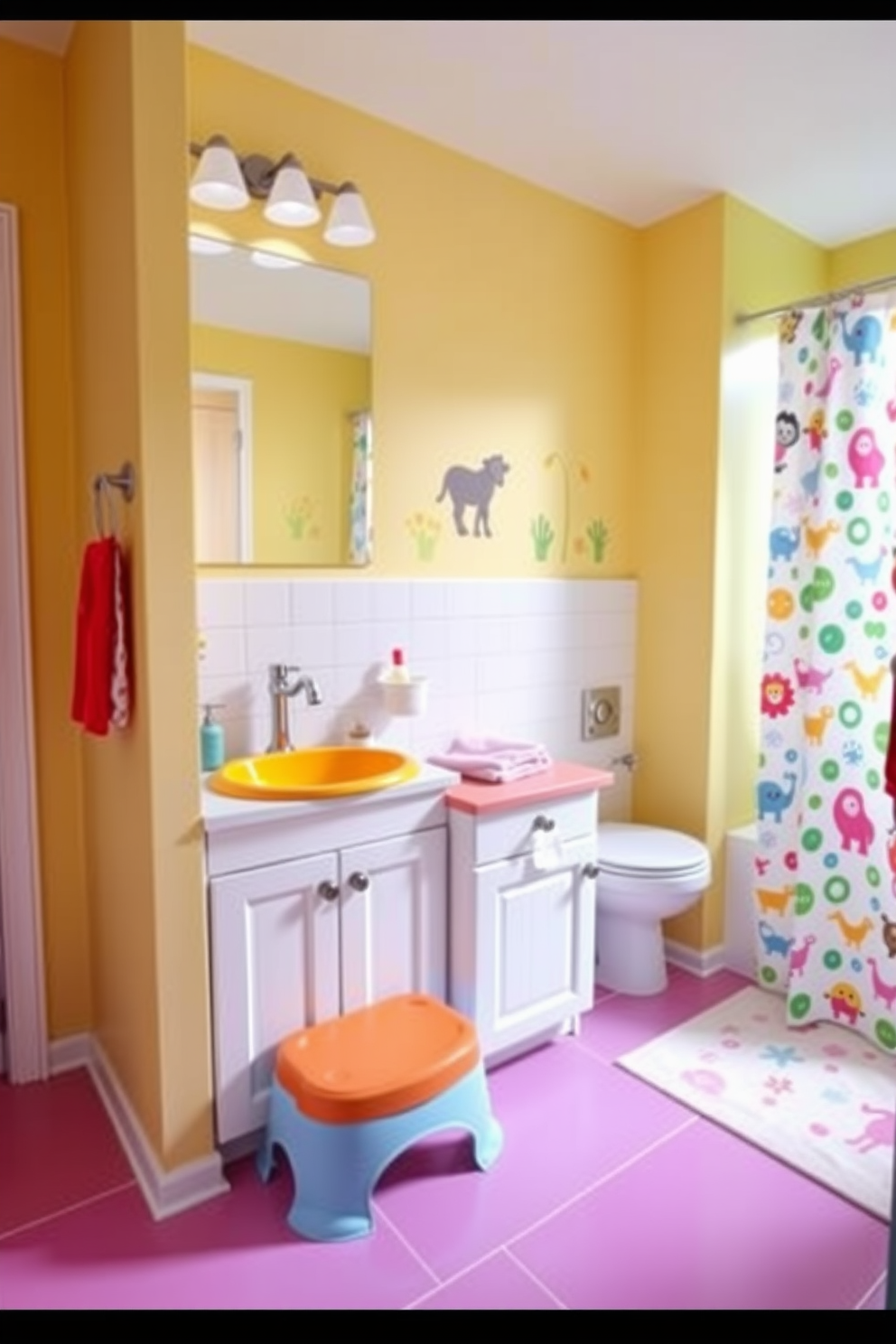 A bright and cheerful kids bathroom features a built-in step stool next to a colorful sink, allowing children to reach the faucet with ease. The walls are adorned with playful animal decals, and the floor is covered in soft, water-resistant tiles in vibrant hues. The vanity includes a lower countertop designed for kids, with storage space for toys and bath essentials. A fun shower curtain with a whimsical pattern complements the overall design, creating an inviting space for children to enjoy their bath time.