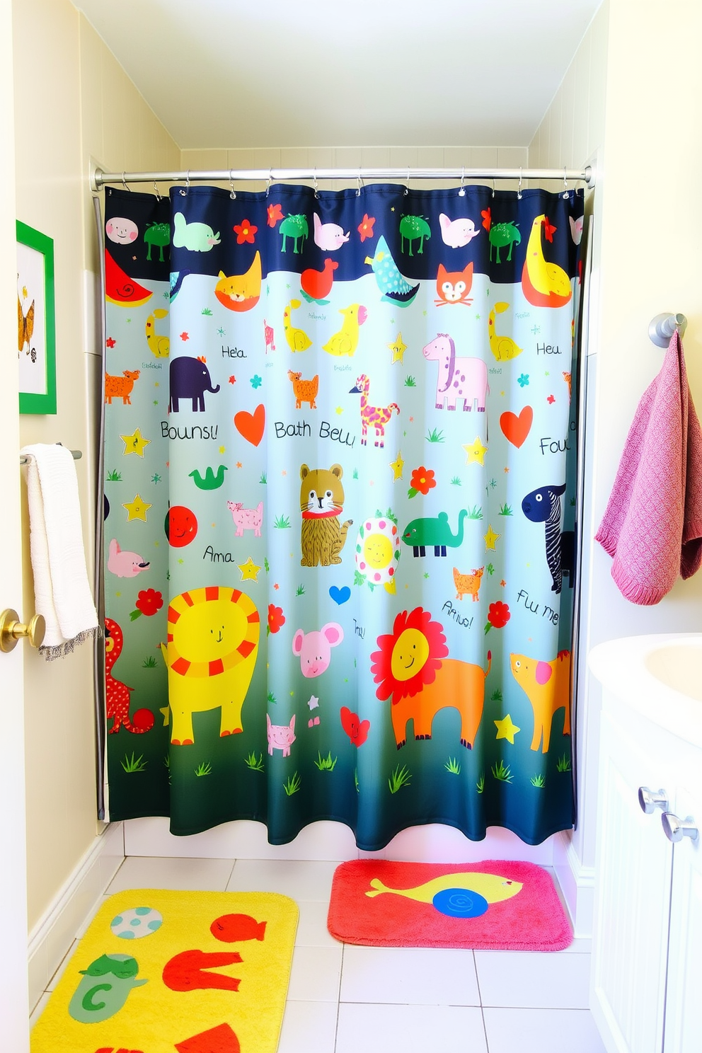 A playful kids bathroom featuring a whimsical animal-themed shower curtain adorned with colorful illustrations of various animals. The walls are painted in a soft pastel color, and the floor is covered with bright, fun bath mats that complement the shower curtain design.