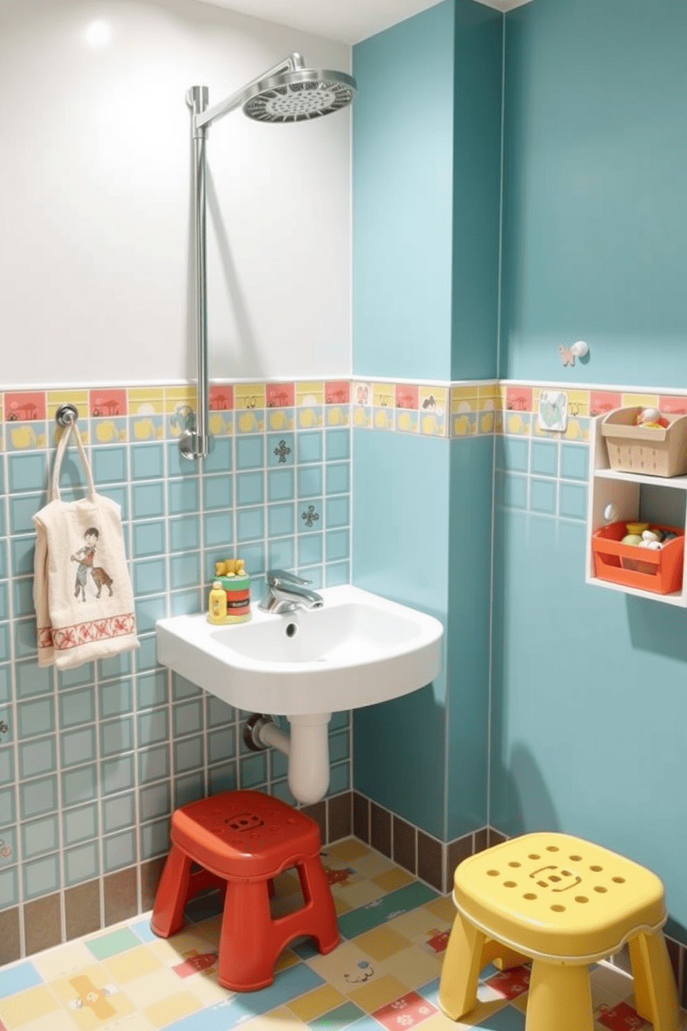 A playful kids bathroom featuring an adjustable showerhead designed to accommodate growing children. The space includes colorful tiles and fun wall decals, creating an inviting atmosphere for kids to enjoy bath time. Incorporate a sturdy step stool to help little ones reach the sink comfortably. Add vibrant storage solutions for toys and bath essentials, ensuring the area remains organized and functional.