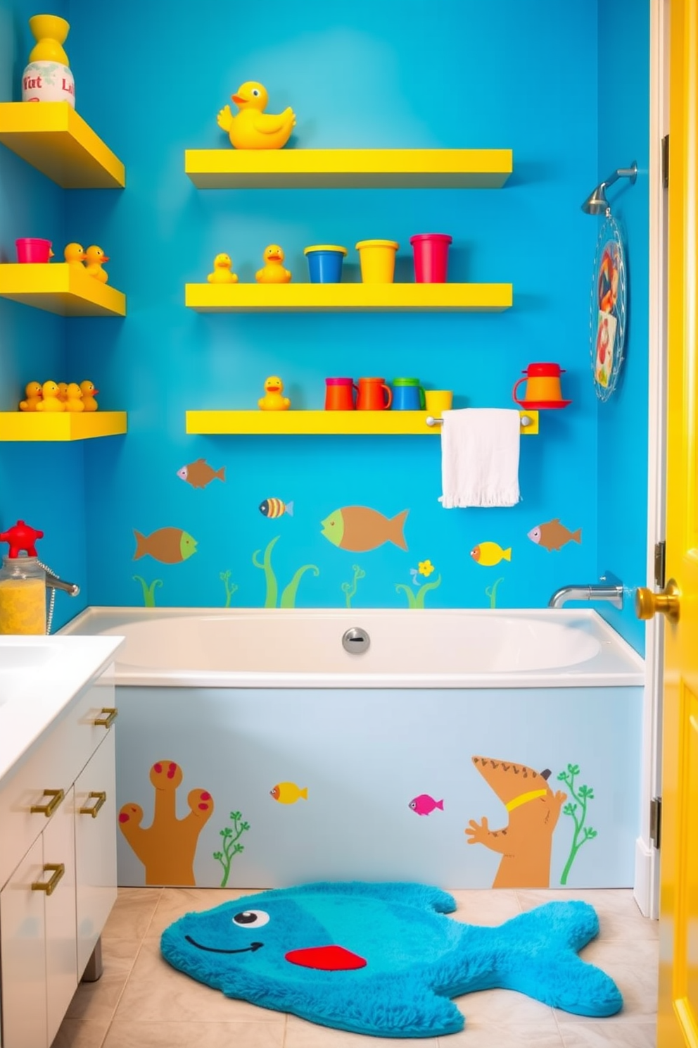 A vibrant kids bathroom featuring a playful color scheme with bright blue walls and yellow accents. Floating shelves display an array of fun bath toys, including rubber ducks and colorful stacking cups, inviting children to enjoy engaging playtime. The bathtub is surrounded by cheerful decals of underwater creatures, creating an imaginative atmosphere. A soft, plush bath mat in the shape of a fish adds comfort and a whimsical touch to the space.